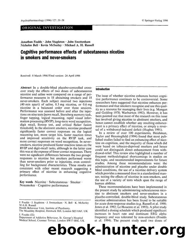Cognitive performance effects of subcutaneous nicotine in smokers and never-smokers by Unknown