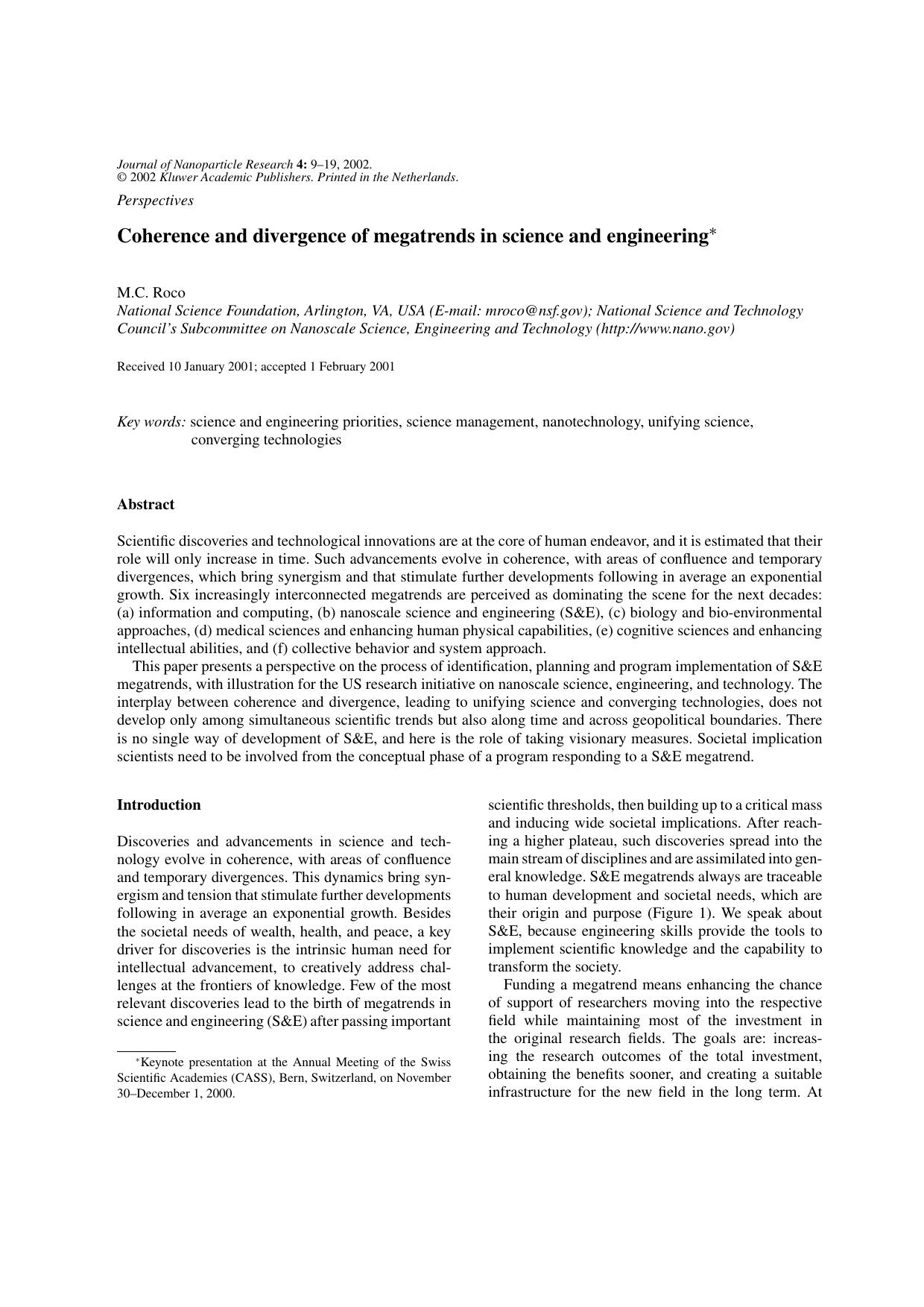 Coherence and Divergence of Megatrends in Science and Engineering by Unknown