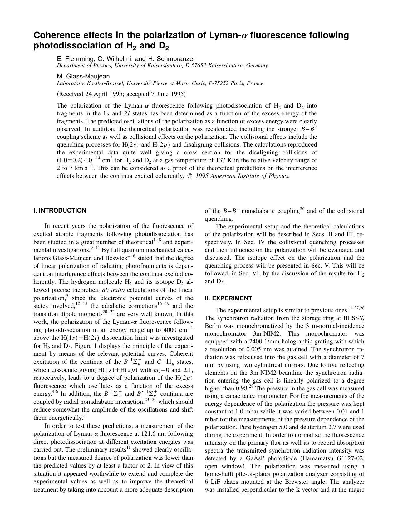 Coherence effects in the polarization of Lyman- afluorescence following photodissociation of H 2 and D 2 by E. Flemming & O. Wilhelmi & and H. Schmoranzer & M. Glass-Maujean