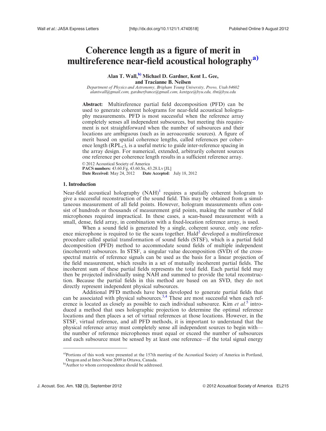 Coherence length as a figure of merit in multireference near-field acoustical holographya) by Alan T. Wall b) Michael D. Gardner Kent L. Gee and Tracianne B. Neilsen