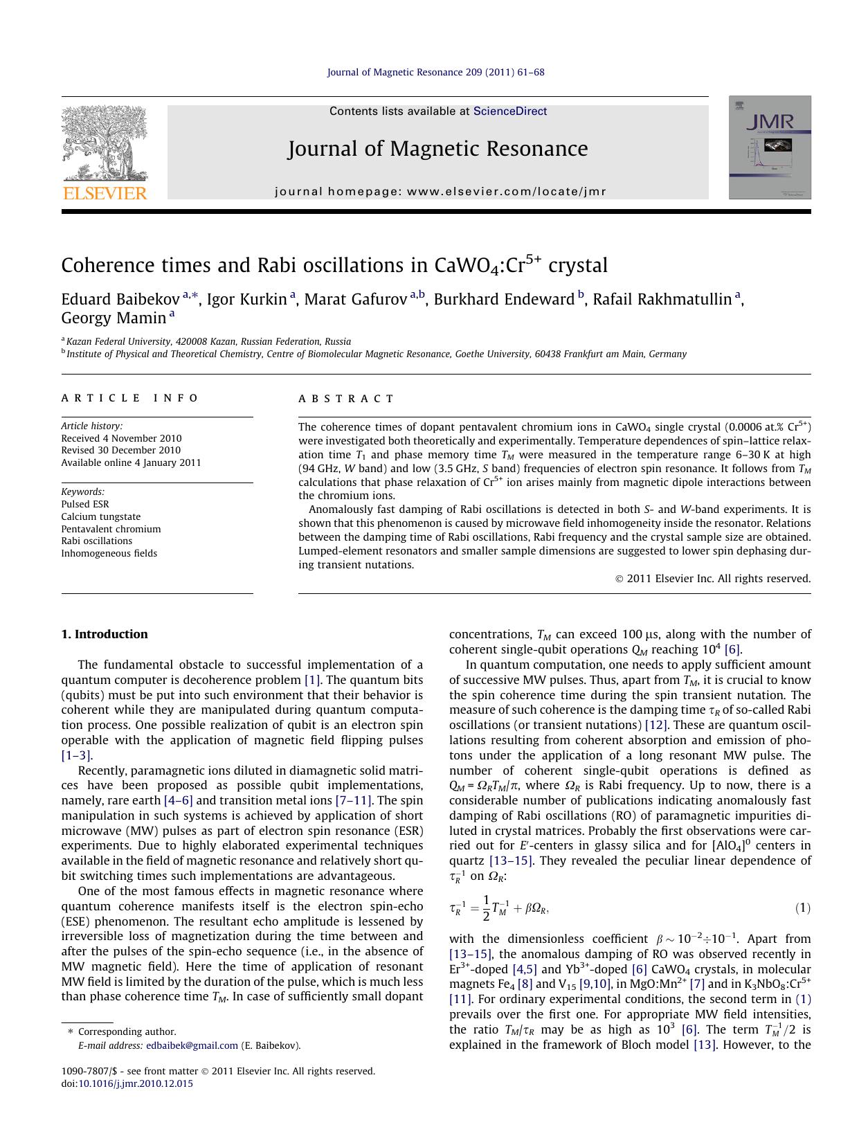 Coherence times and Rabi oscillations in CaWO4:Cr5+ crystal by unknow