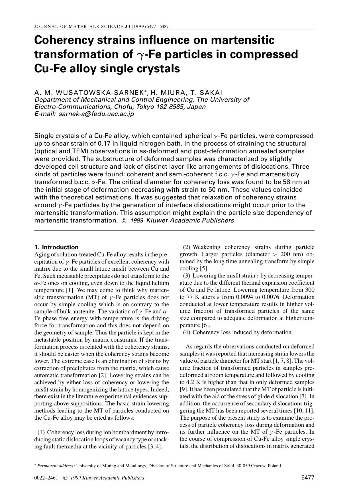 Coherency strains influence on martensitic transformation of γ-Fe particles in compressed Cu-Fe alloy single crystals by Unknown