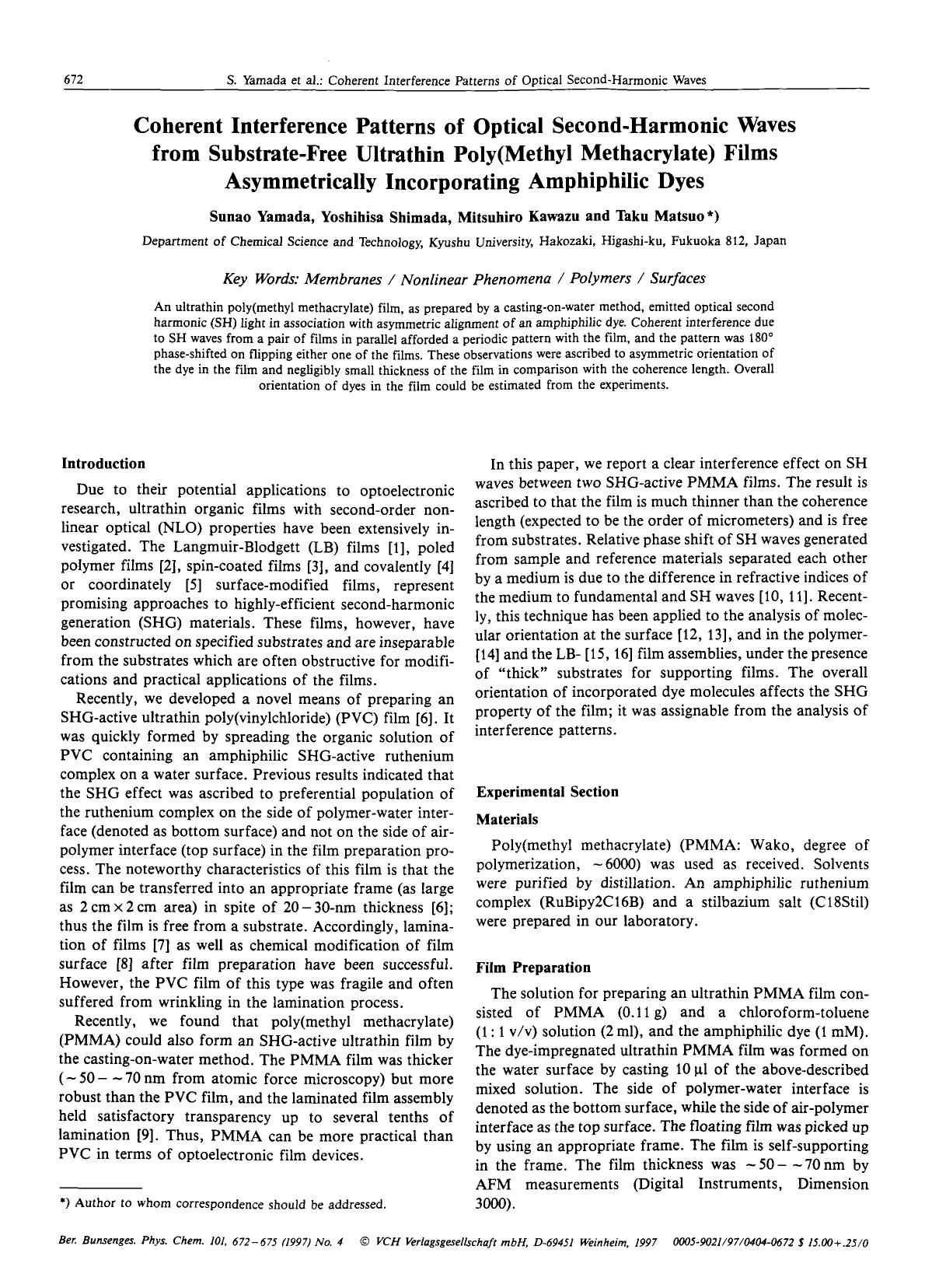 Coherent interference patterns of optical second-harmonic waves from substrate-free ultrathin poly(methyl methacrylate) films asymmetrically incorporating amphiphilic dyes by Unknown
