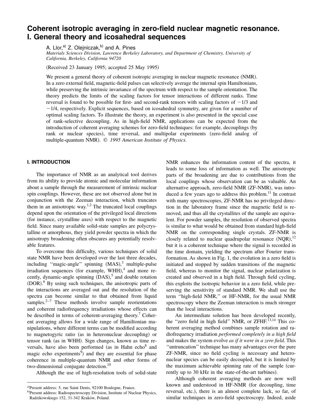 Coherent isotropic averaging in zero-field nuclear magnetic resonance. I. General theory and icosahedral sequences by A. Llor & Z. Olejniczak & and A. Pines