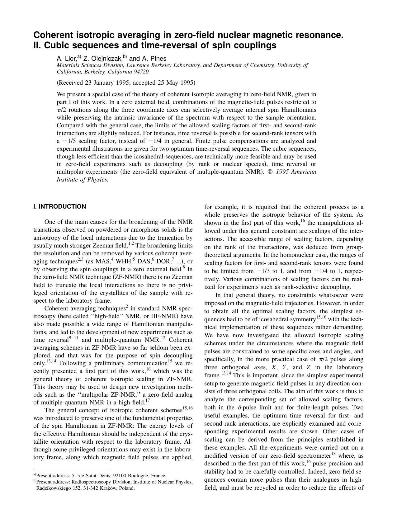 Coherent isotropic averaging in zero-field nuclear magnetic resonance. II. Cubic sequences and time-reversal of spin couplings by A. Llor & Z. Olejniczak & and A. Pines