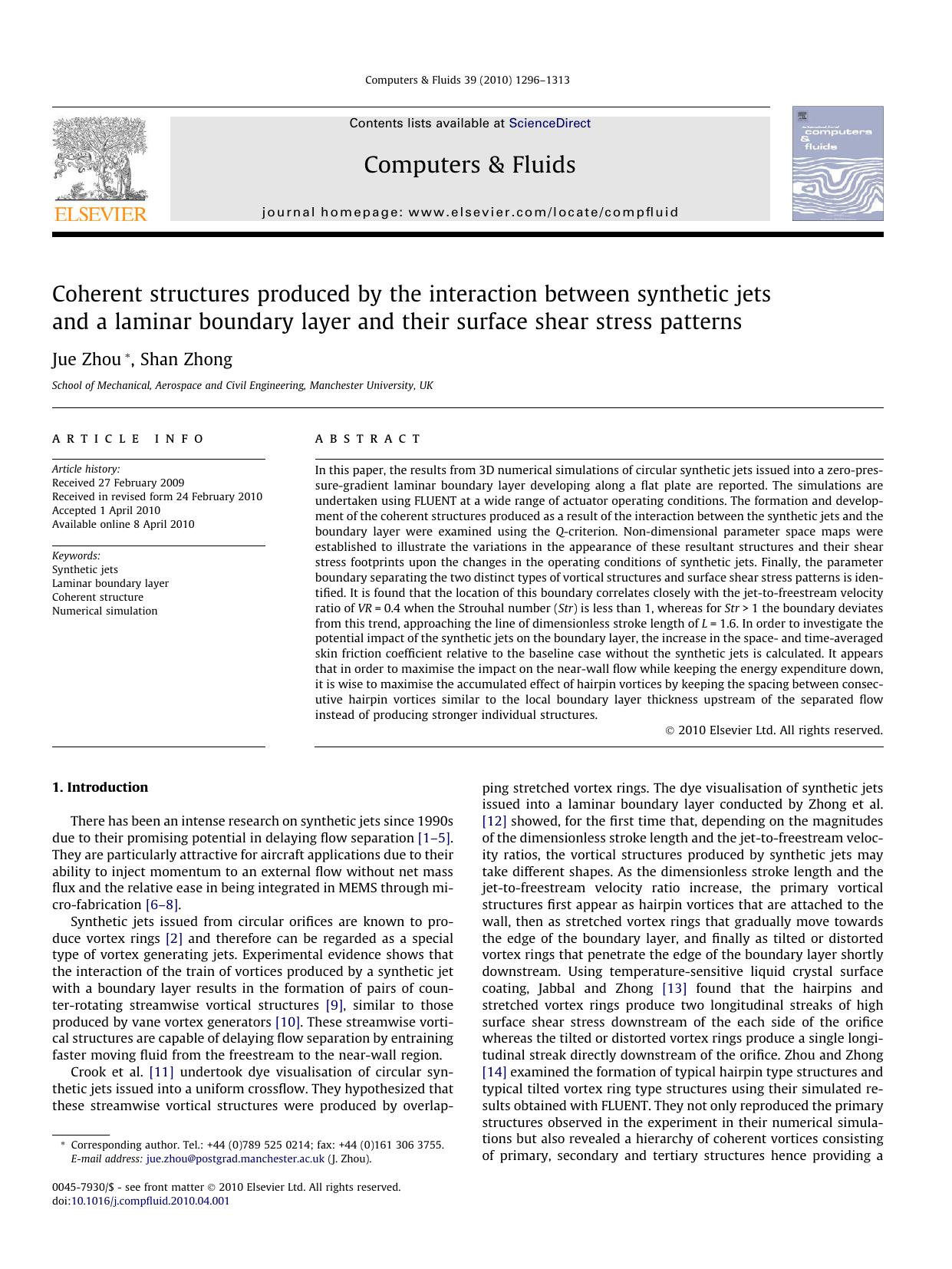 Coherent structures produced by the interaction between synthetic jets and a laminar boundary layer and their surface shear stress patterns by Jue Zhou; Shan Zhong