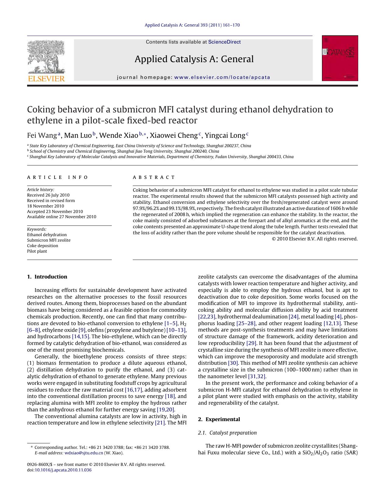 Coking behavior of a submicron MFI catalyst during ethanol dehydration to ethylene in a pilot-scale fixed-bed reactor by Fei Wang & Man Luo & Wende Xiao & Xiaowei Cheng & Yingcai Long