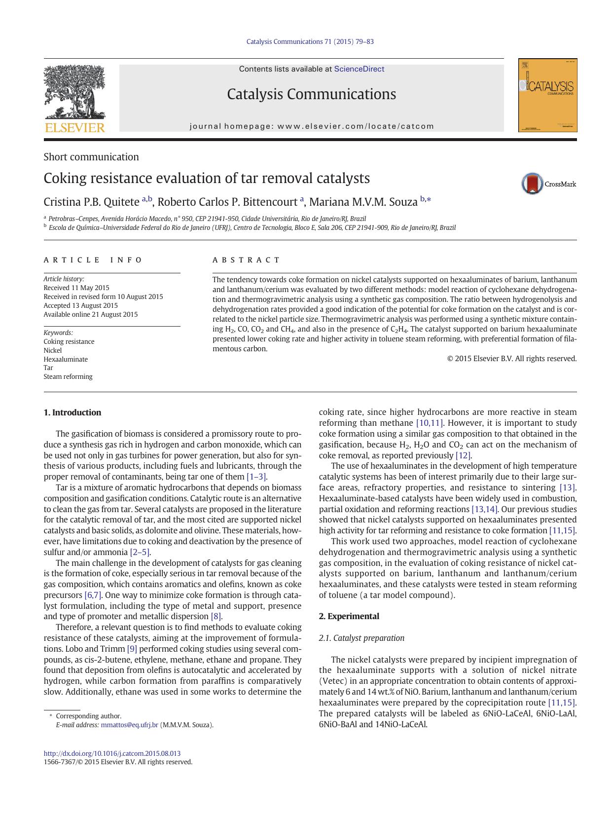 Coking resistance evaluation of tar removal catalysts by Cristina P.B. Quitete & Roberto Carlos P. Bittencourt & Mariana M.V.M. Souza