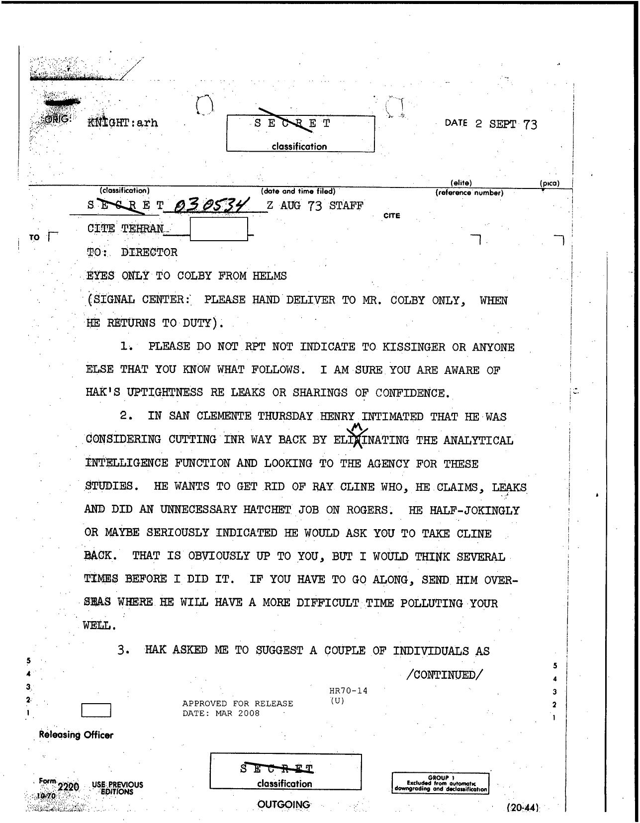 Colby for Helms re Kissinger considering cutting INR way back by Unknown