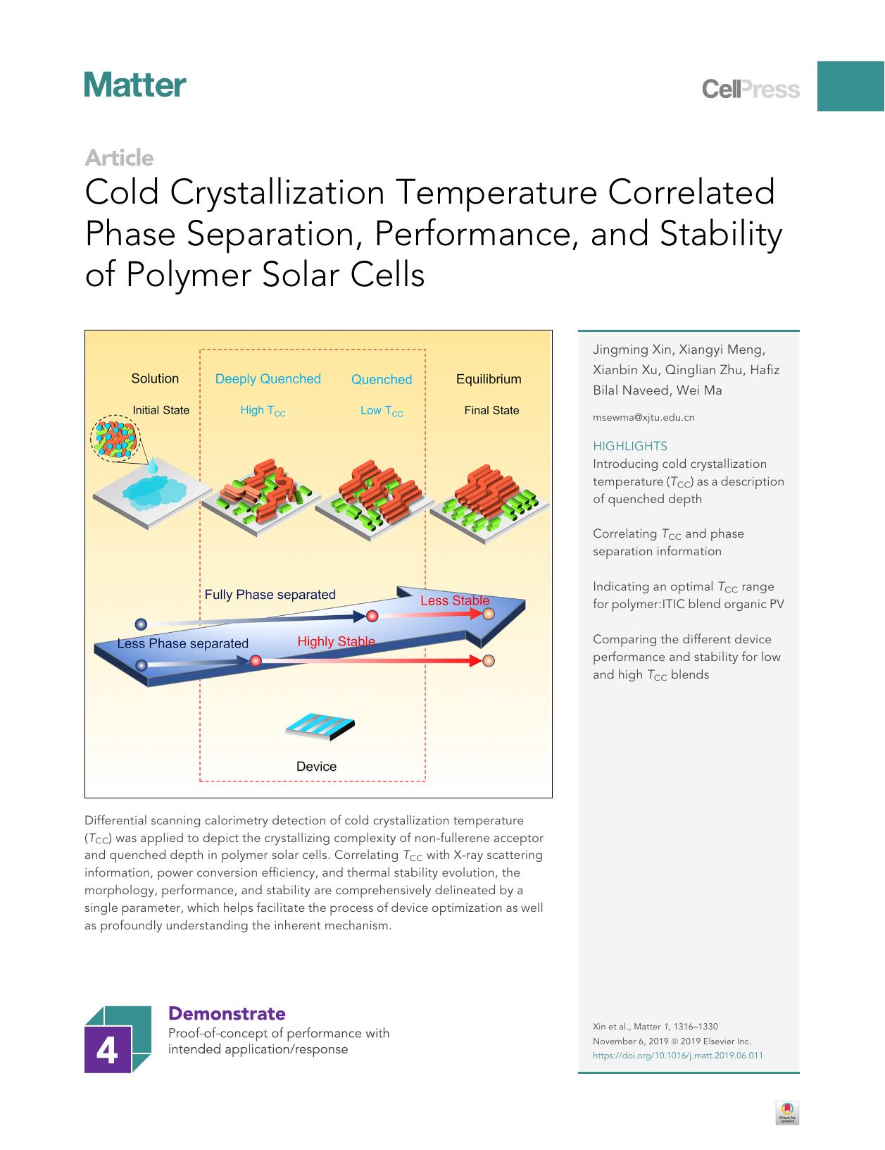 Cold Crystallization Temperature Correlated Phase Separation, Performance, and Stability of Polymer Solar Cells by Jingming Xin & Xiangyi Meng & Xianbin Xu & Qinglian Zhu & Hafiz Bilal Naveed & Wei Ma