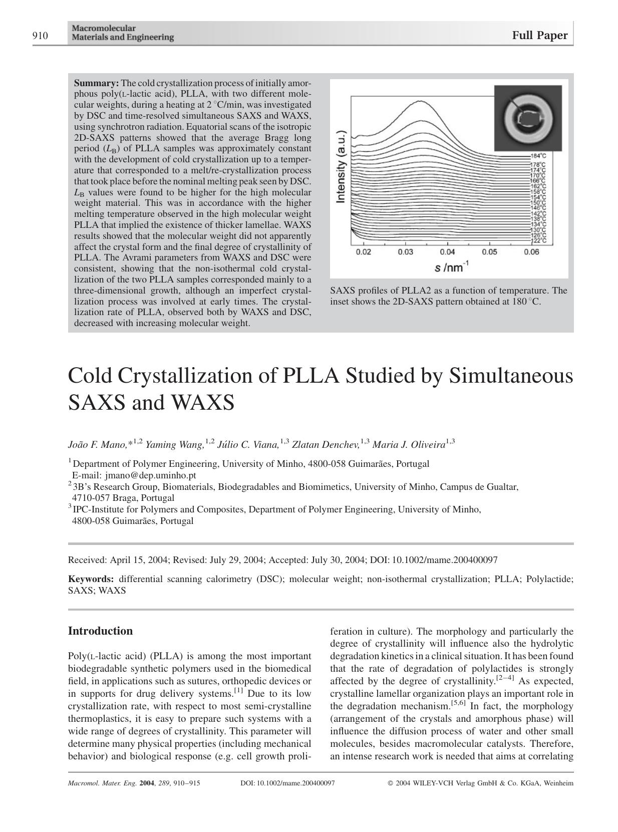 Cold Crystallization of PLLA Studied by Simultaneous SAXS and WAXS by Unknown