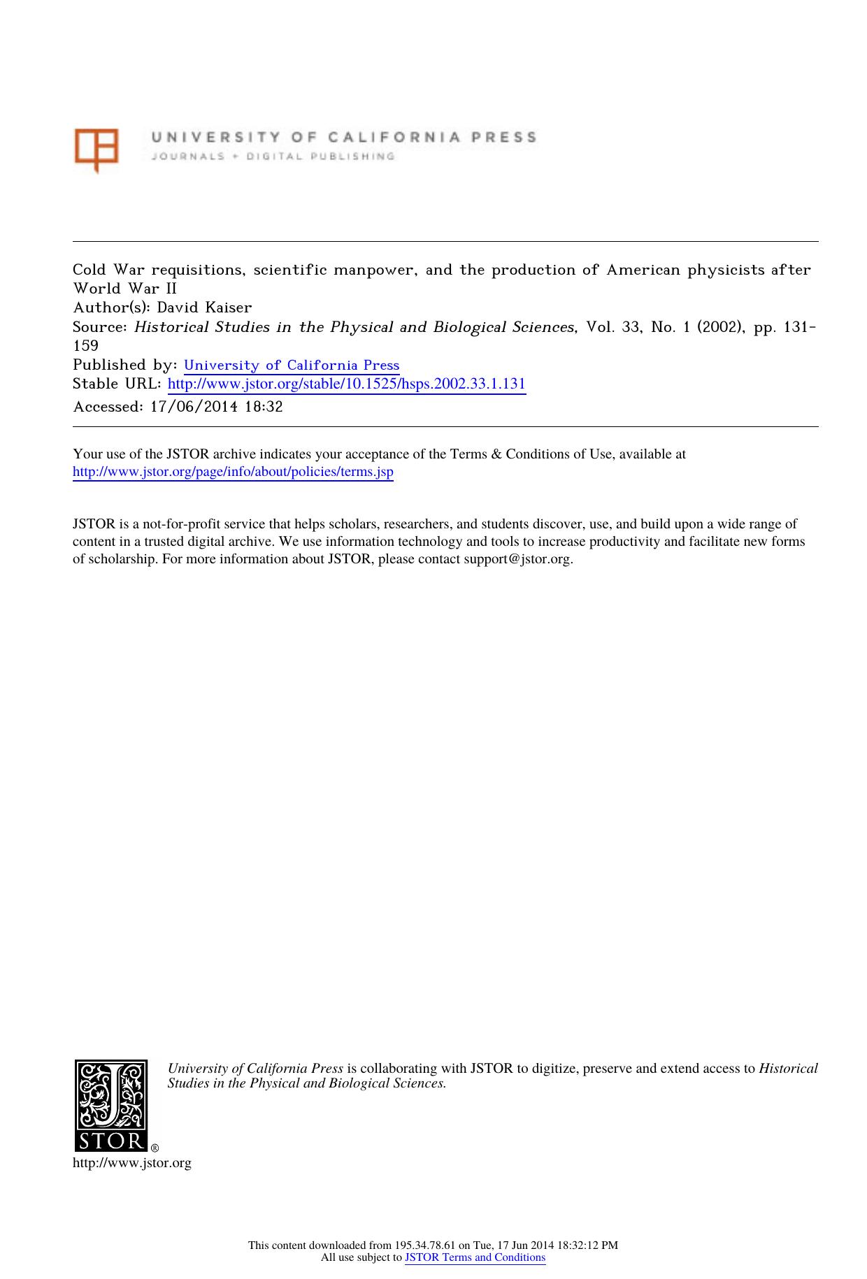 Cold War requisitions, scientific manpower, and the production of American physicists after World War II by Unknown