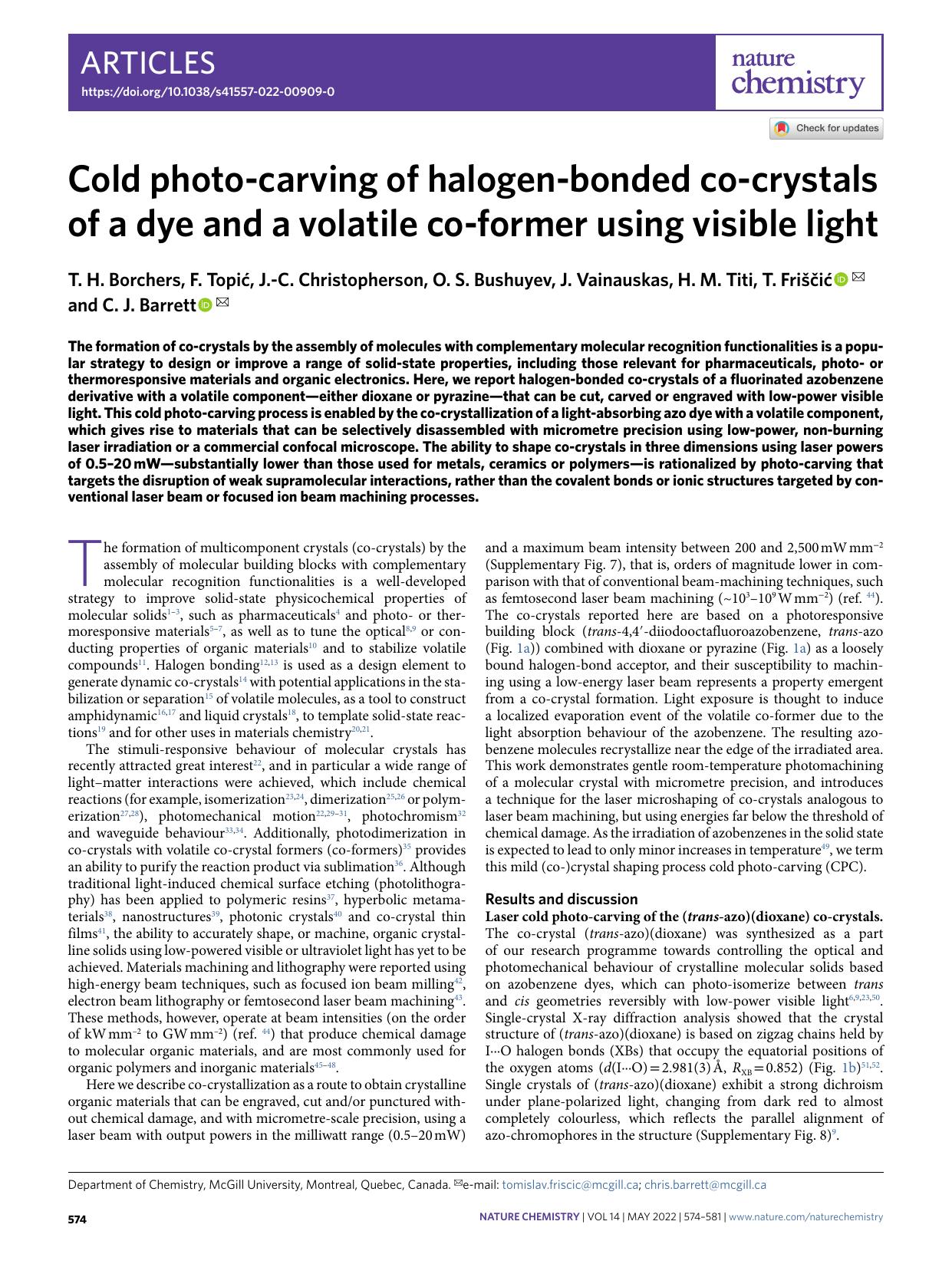 Cold photo-carving of halogen-bonded co-crystals of a dye and a volatile co-former using visible light by unknow