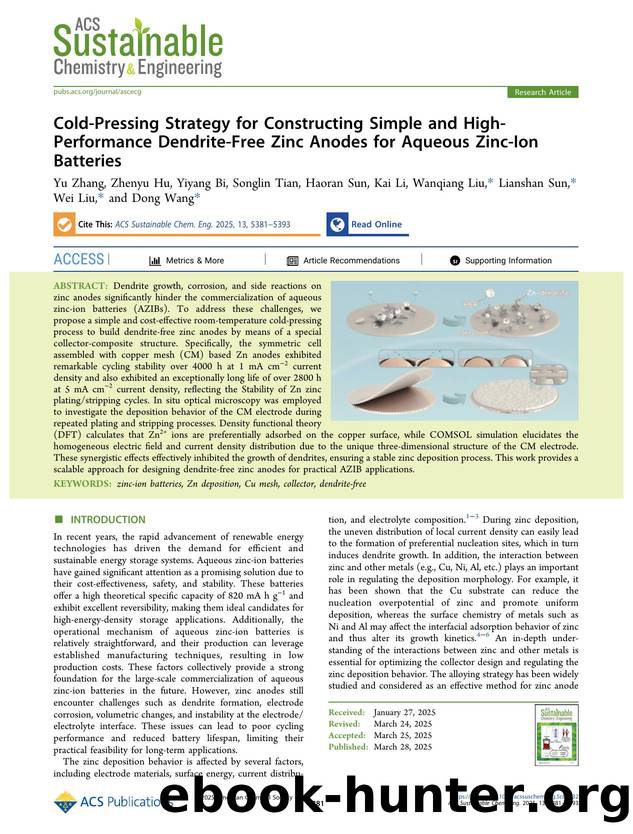 Cold-Pressing Strategy for Constructing Simple and High-Performance Dendrite-Free Zinc Anodes for Aqueous Zinc-Ion Batteries by unknow