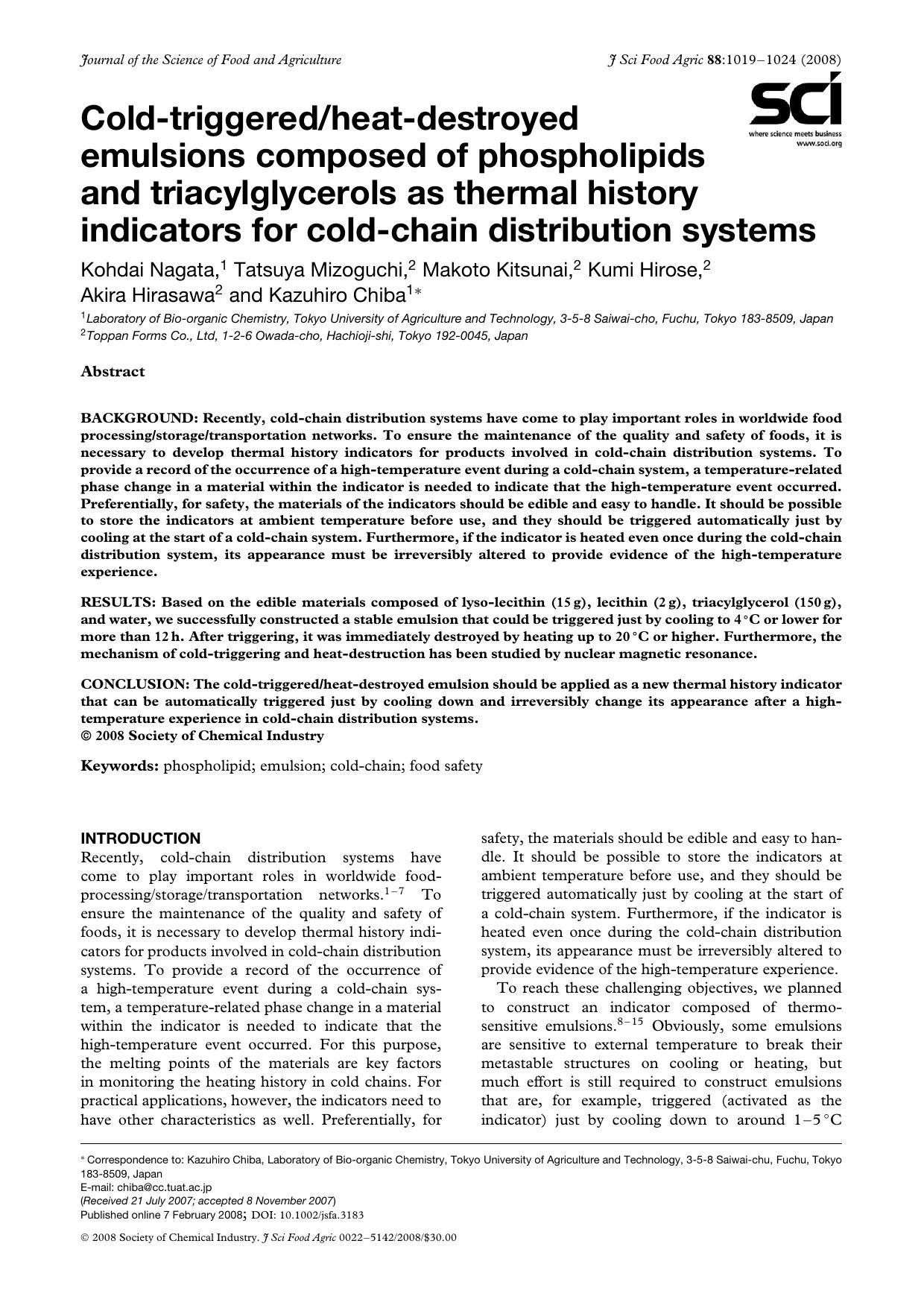 Cold-triggeredheat-destroyed emulsions composed of phospholipids and triacylglycerols as thermal history indicators for cold-chain distribution systems by Unknown