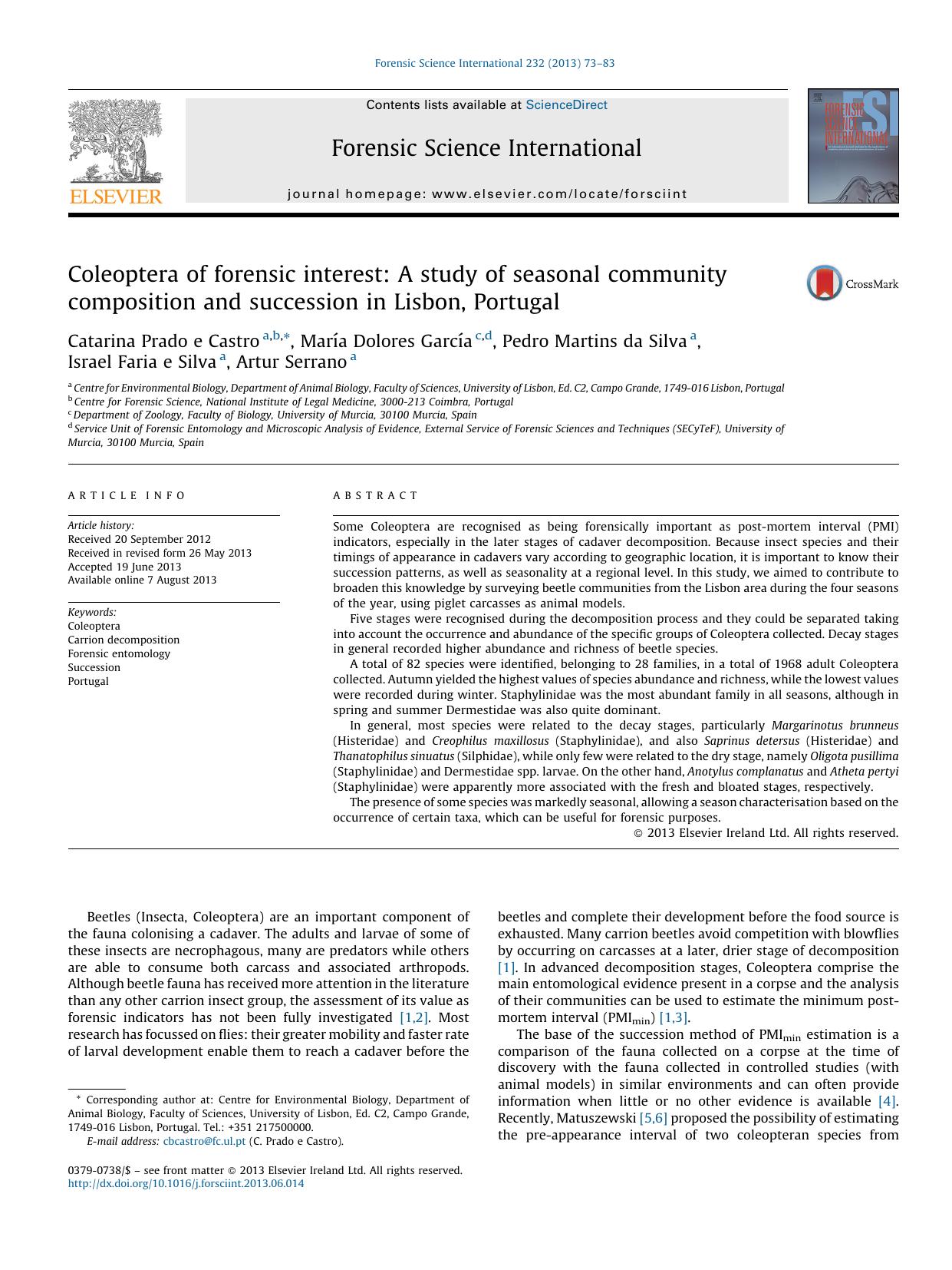Coleoptera of forensic interest: A study of seasonal community composition and succession in Lisbon, Portugal by unknow