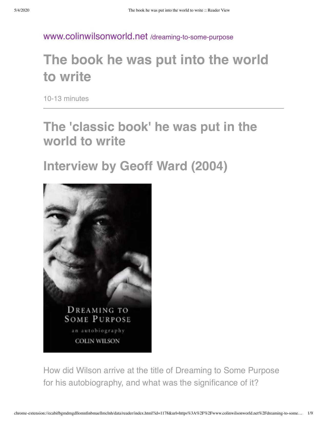 Colin Wilson - Interview by Book He Was Put Into The World To Write