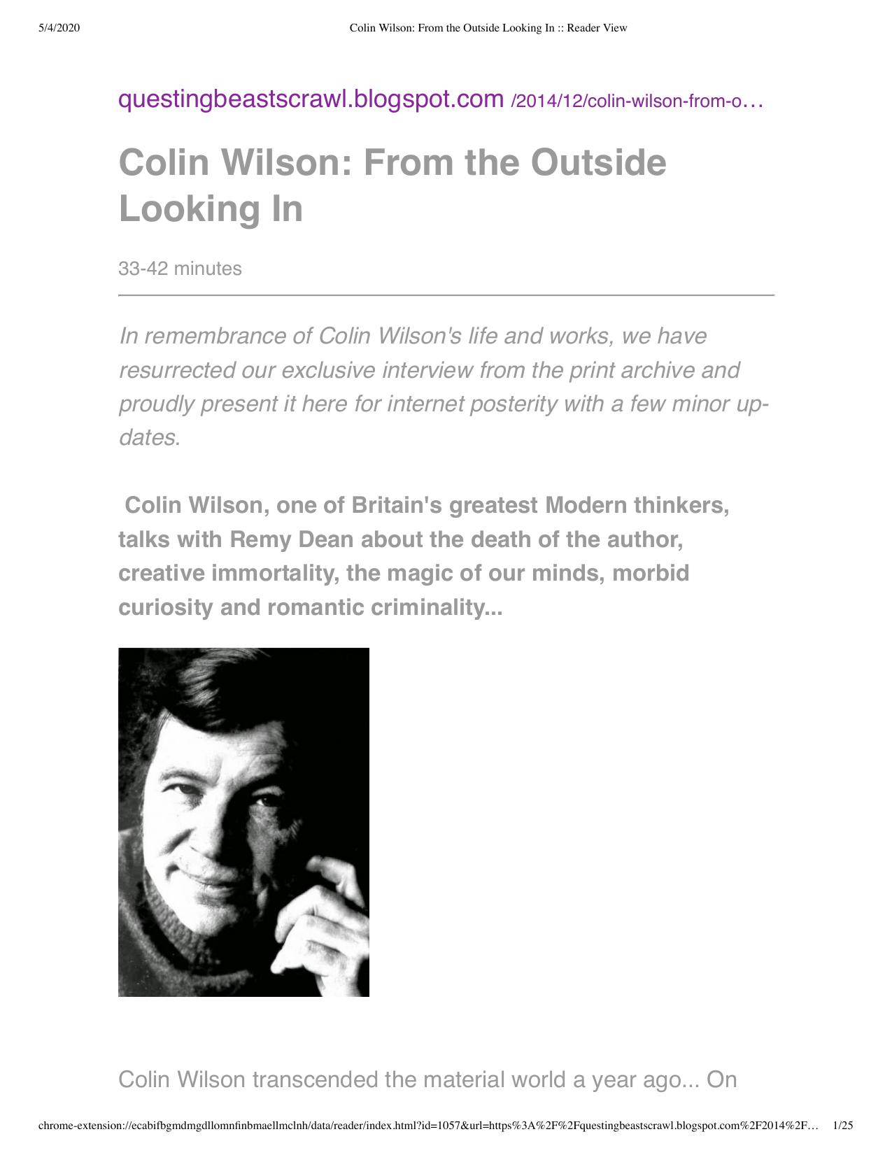 Colin Wilson - Interview by From The Outside Looking In