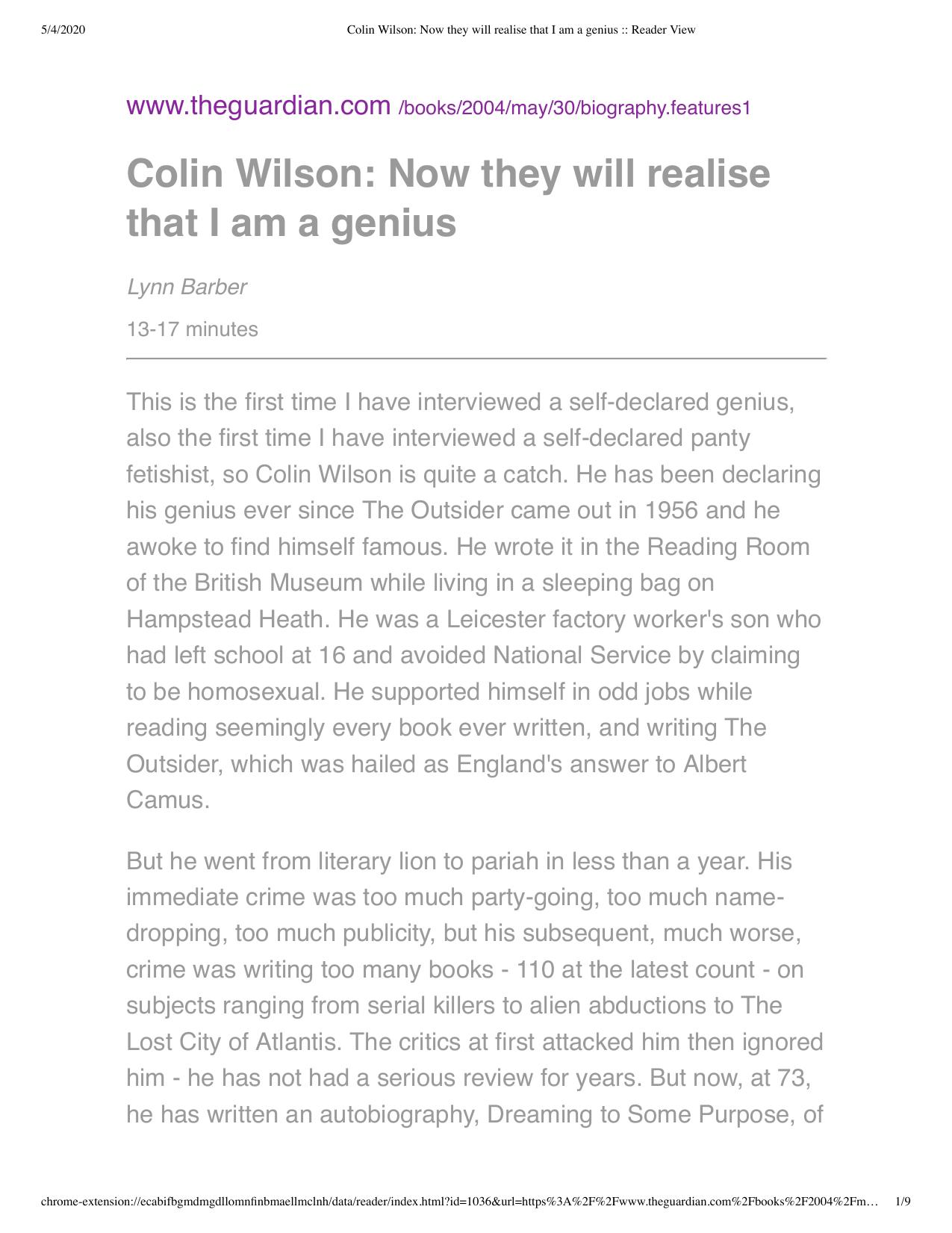 Colin Wilson - Interview by Now They Will Realise That I Am A Genius