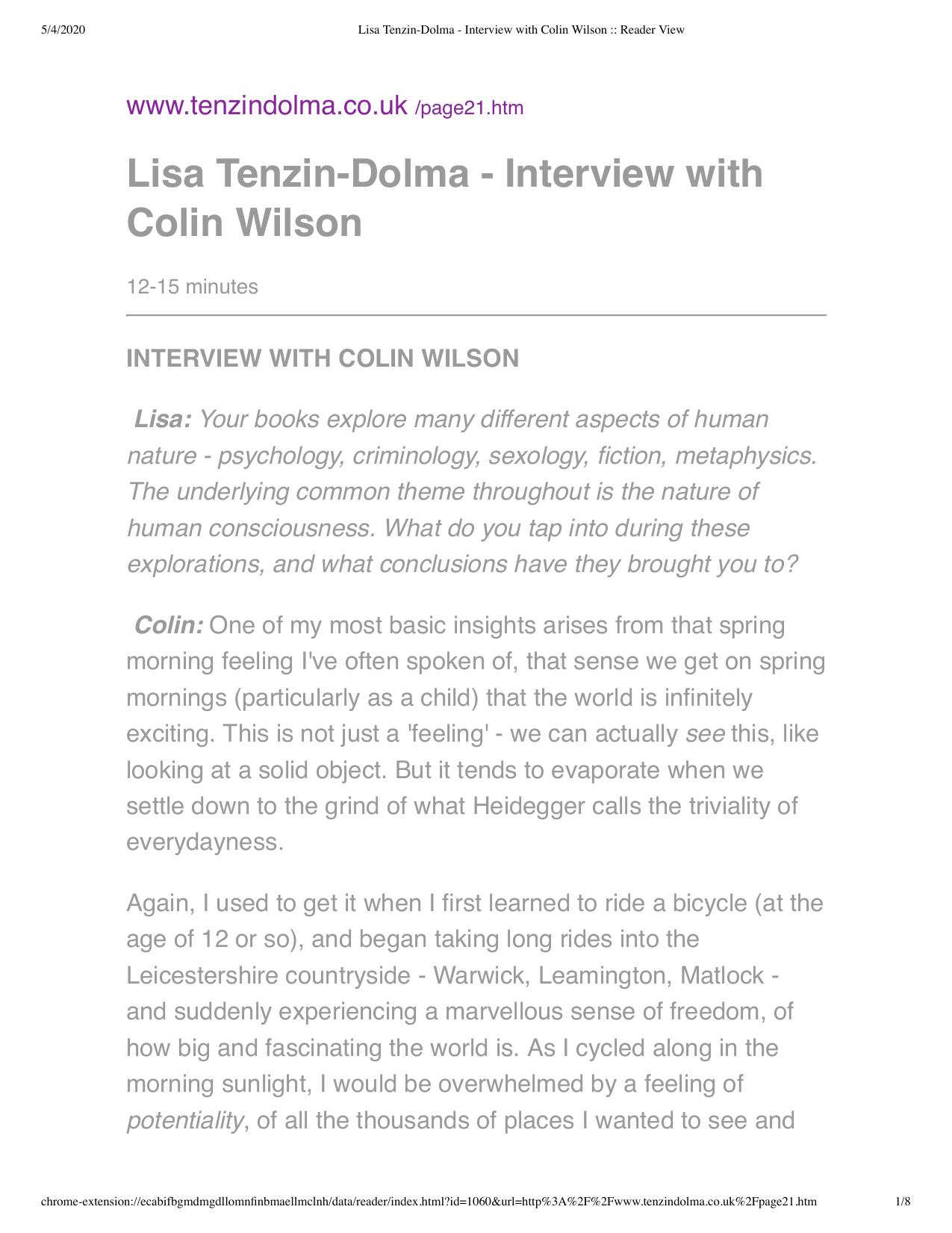 Colin Wilson by Interview By Lisa Tenzin-Dolma