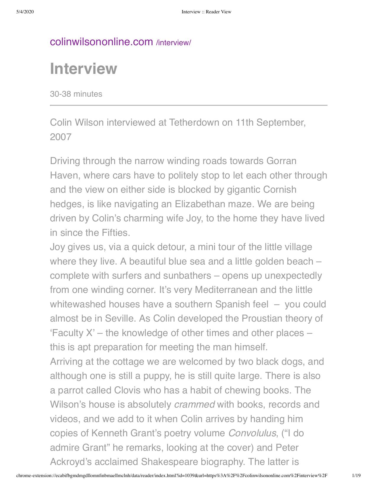 Colin Wilson by Interview By Philip Coulthard