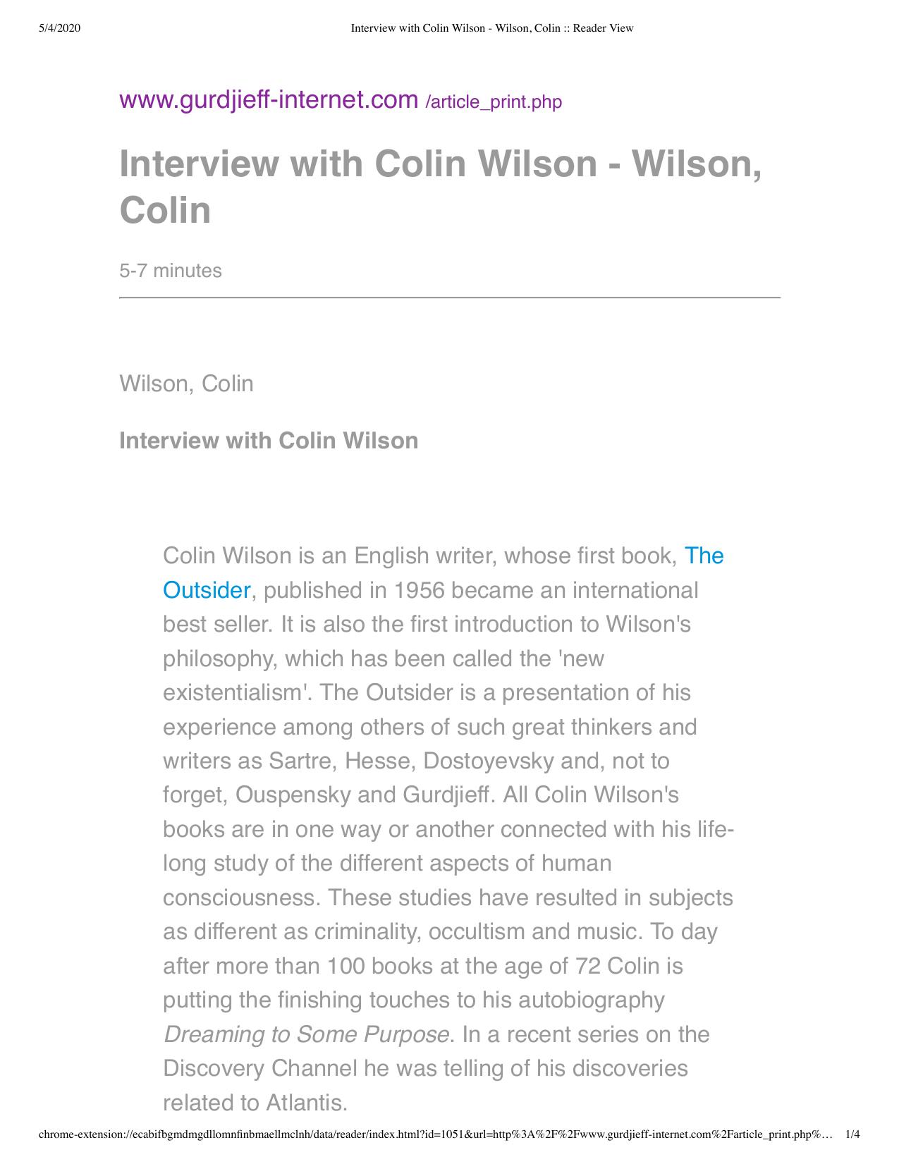 Colin Wilson by Interview By Reijo Elsner