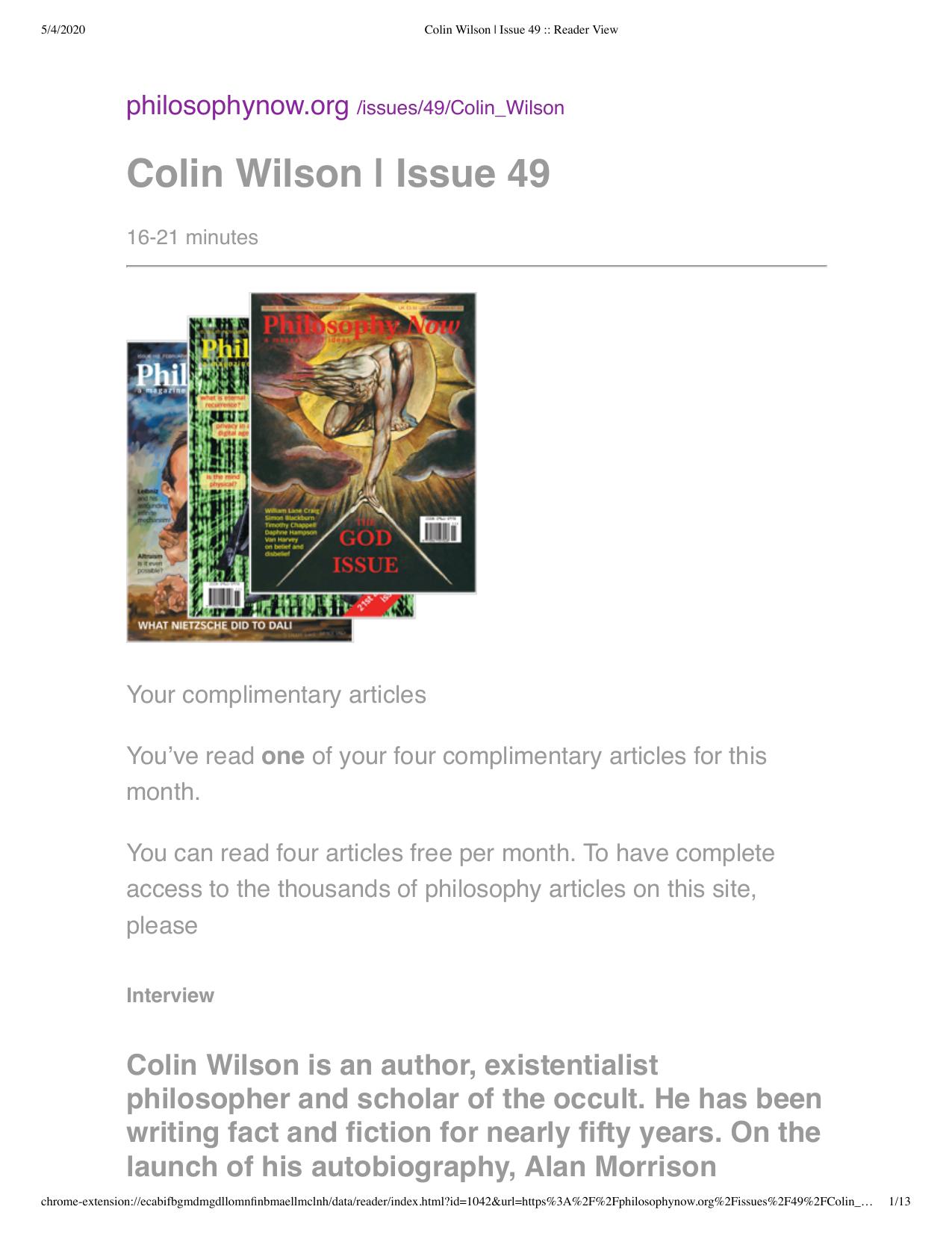 Colin Wilson interview by Alan Morrison in Philosophy Now Issue 49 by Unknown