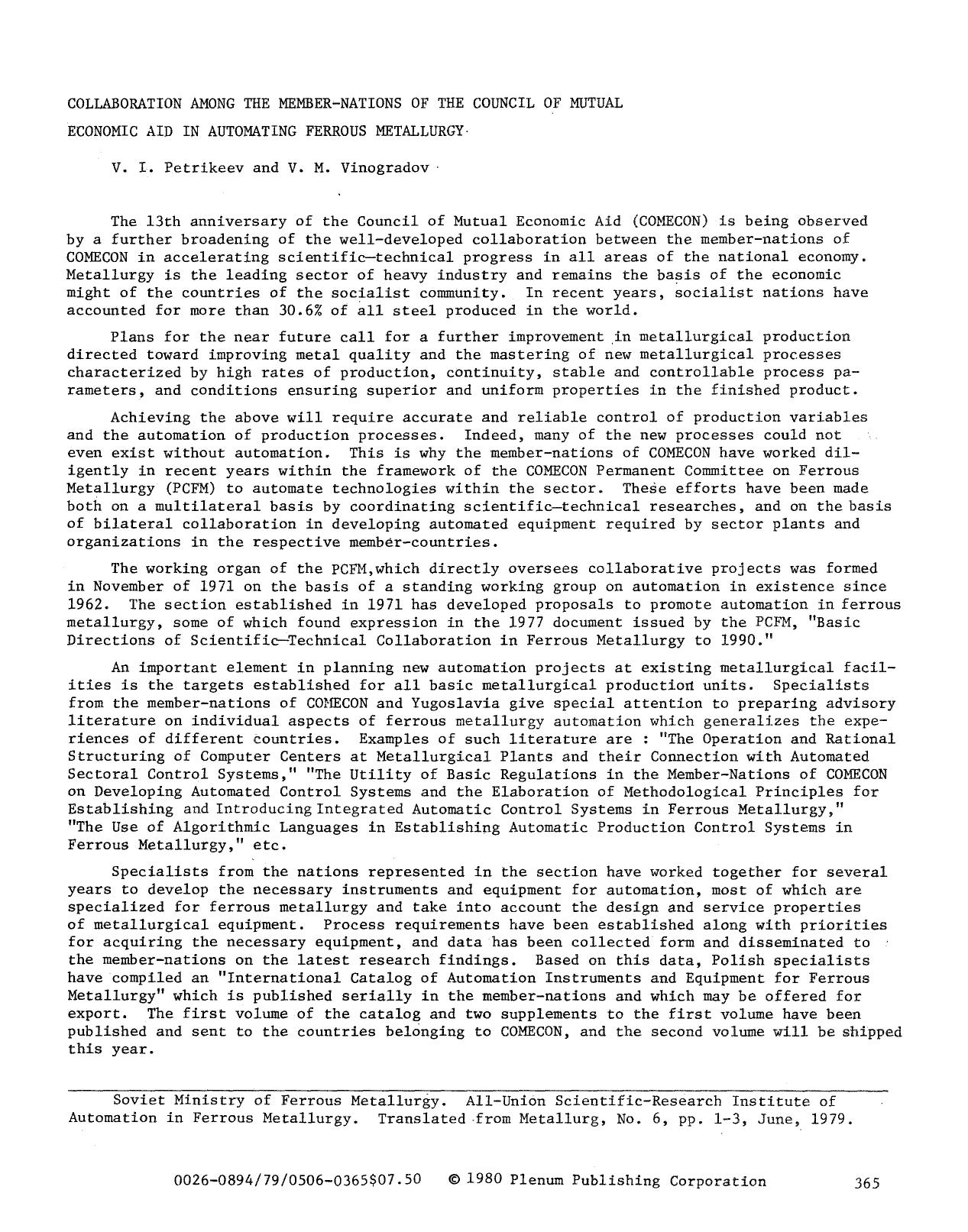 Collaboration among the member-nations of the Council of Mutual Economic Aid in automating ferrous metallurgy by Unknown