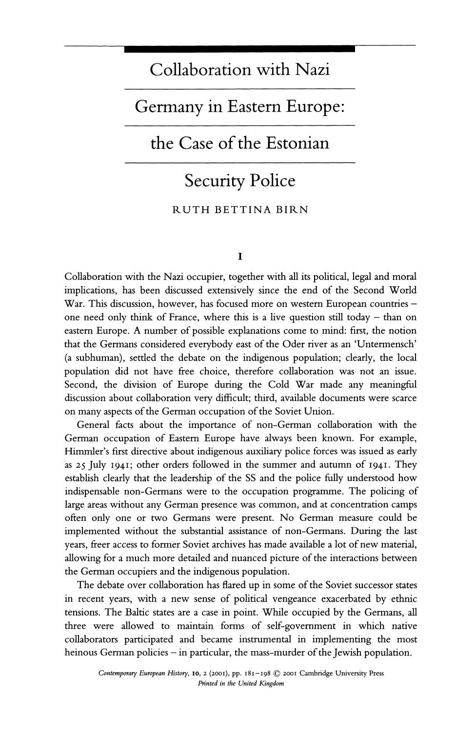 Collaboration with Nazi Germany in Eastern Europe; The Case of the Estonian Security Police by Unknown