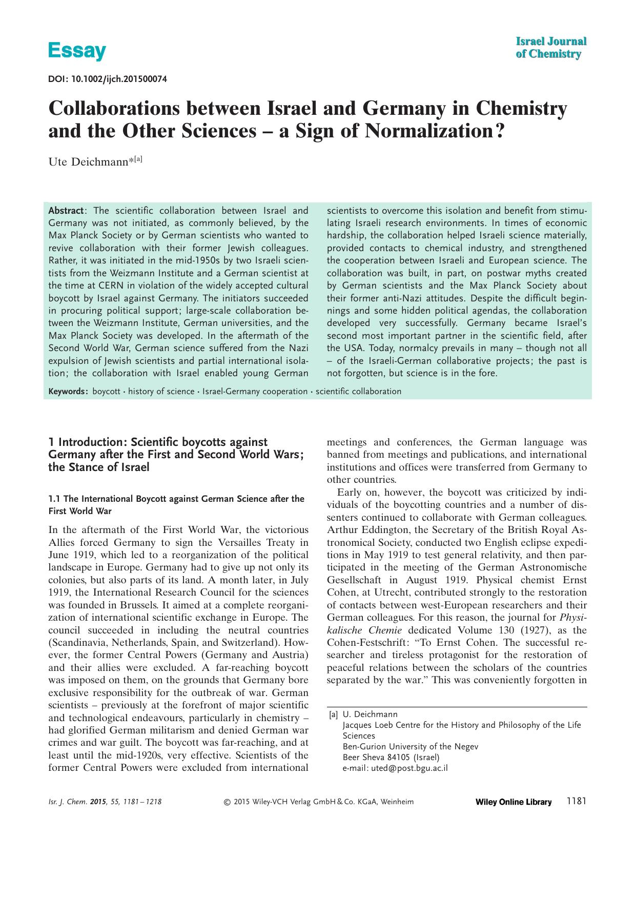 Collaborations between Israel and Germany in Chemistry and the Other Sciences a Sign of Normalization? by Unknown