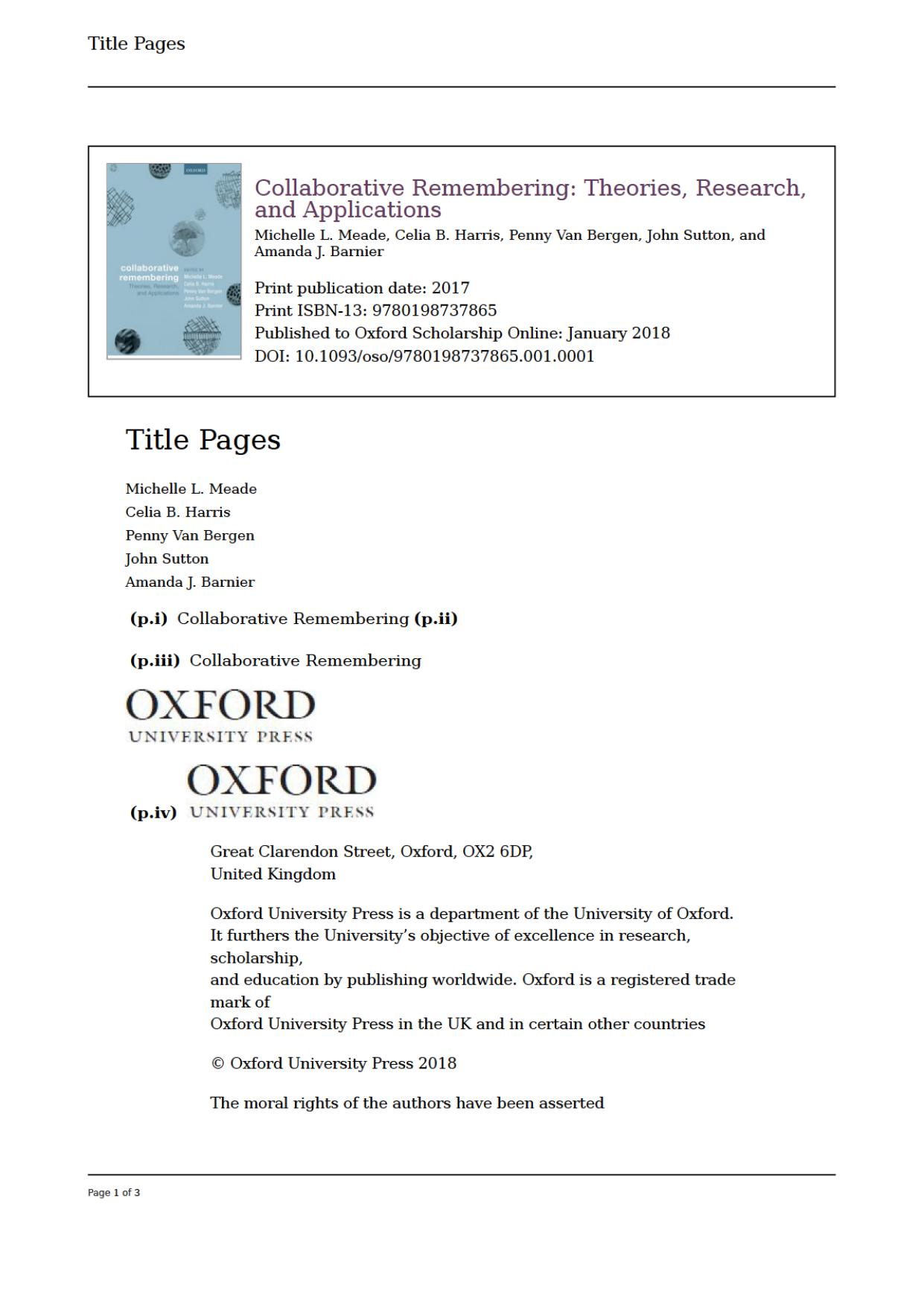 Collaborative Remembering: Theories, Research, and Applications by Michelle L. Meade; Celia B. Harris; Penny Van Bergen; John Sutton; Amanda J. Barnier