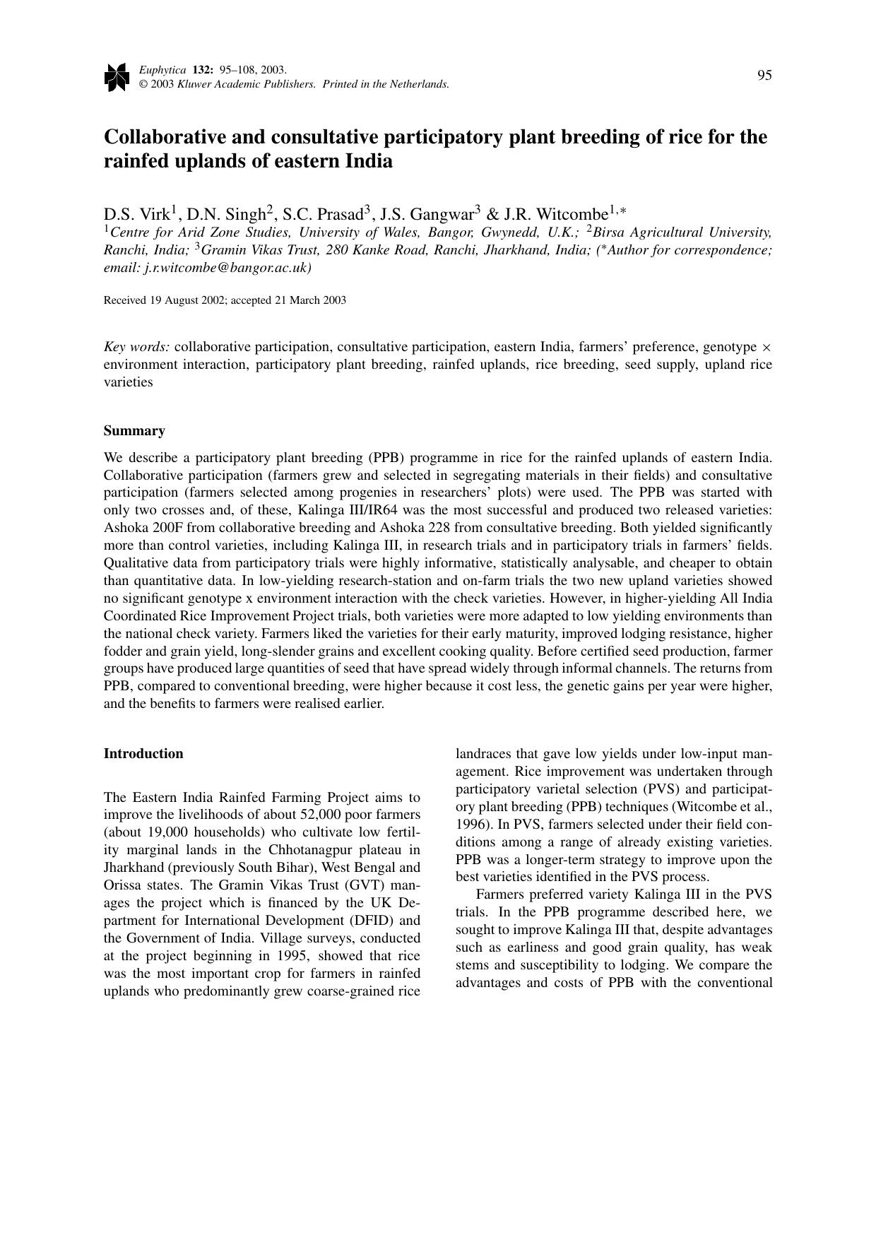 Collaborative and consultative participatory plant breeding of rice for the rainfed uplands of eastern India by Unknown