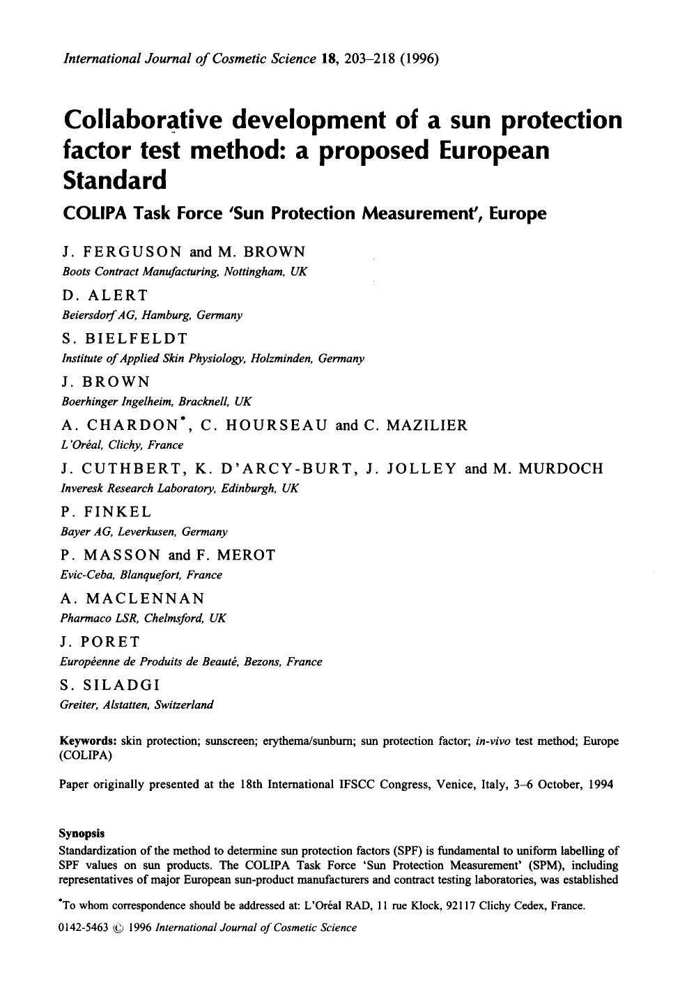 Collaborative development of a sun protection factor test method: a proposed European Standard. COLIPA Task Force âSun Protection Measurementâ, Europe by Unknown