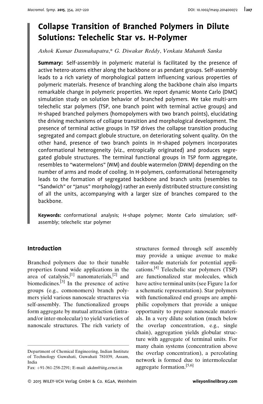 Collapse Transition of Branched Polymers in Dilute Solutions: Telechelic Star vs. H-Polymer by Unknown