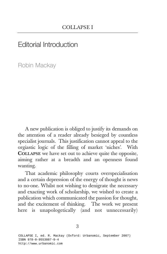 Collapse: Philosophical Research and Development:. Numerical Materialism. by Robin James Mackay (Editor)