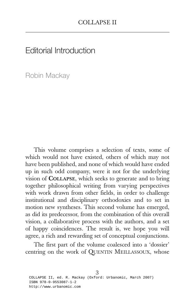 Collapse: Philosophical Research and Development. Speculative Realism by Robin Mackay (Editor)