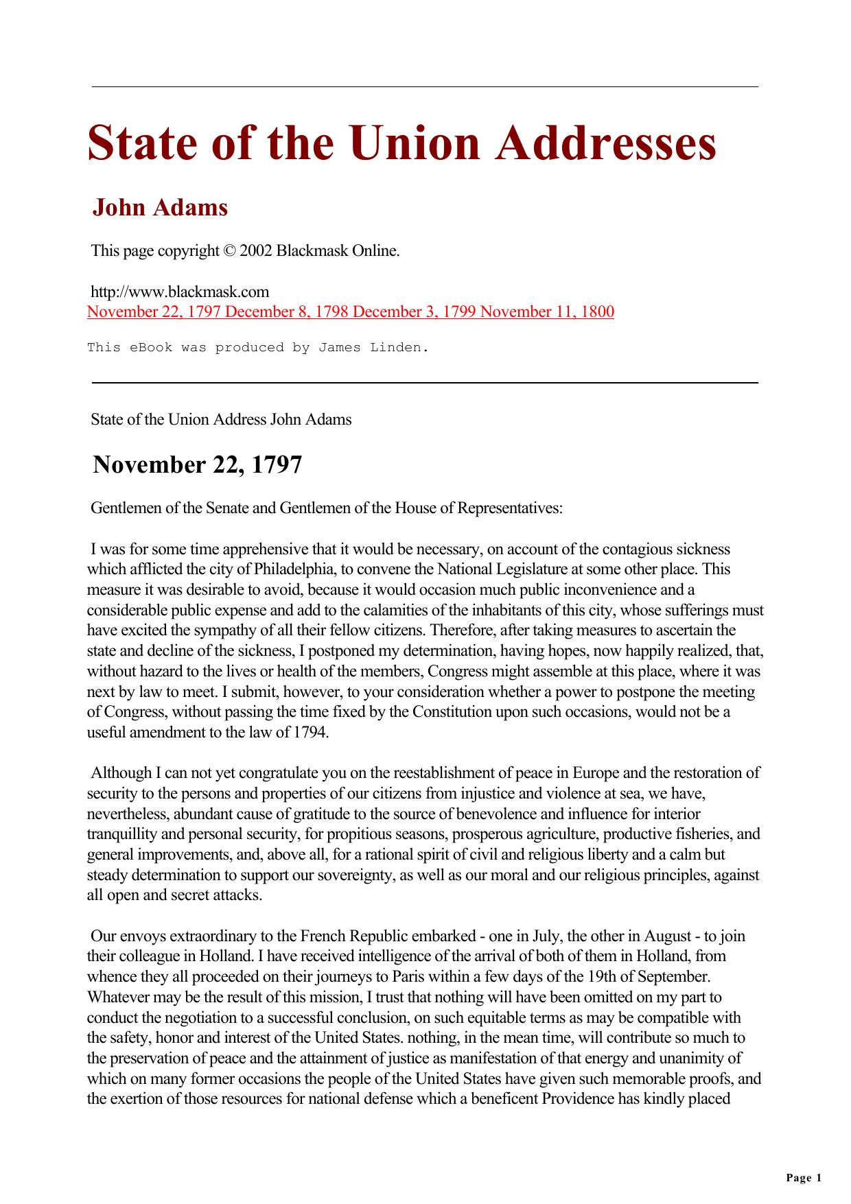 Collection Of John Adams' State Of The Union Addresses by Unknown
