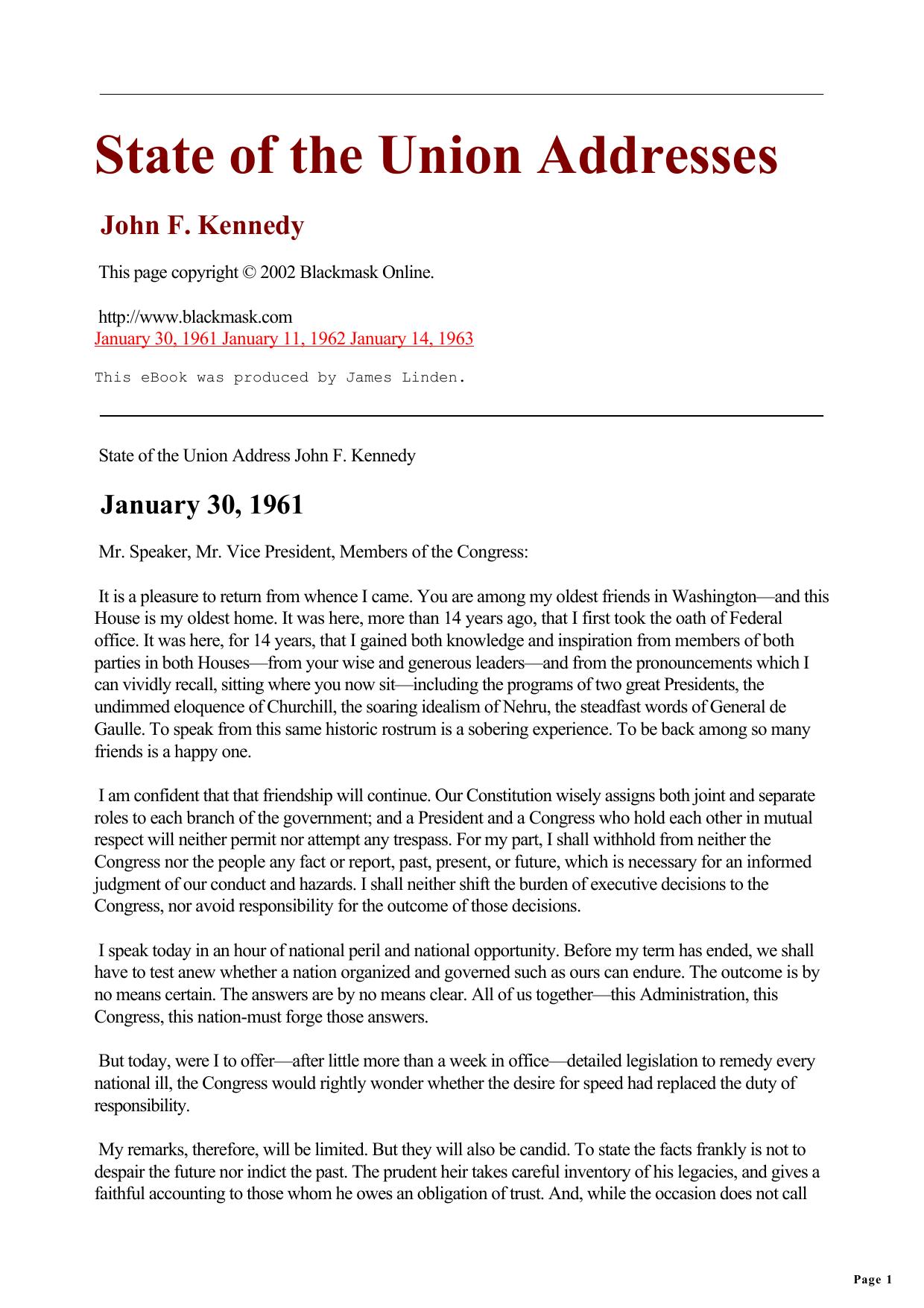 Collection Of John F. Kennedy's State Of The Union Addresses by Unknown