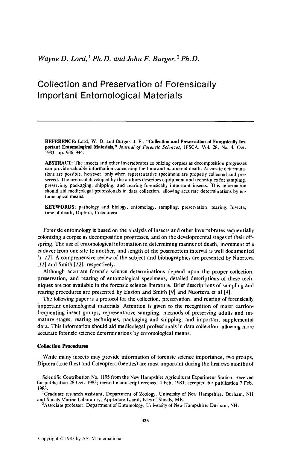 Collection and Preservation of Forensically Important Entomological Materials by Lord WD Burger JF
