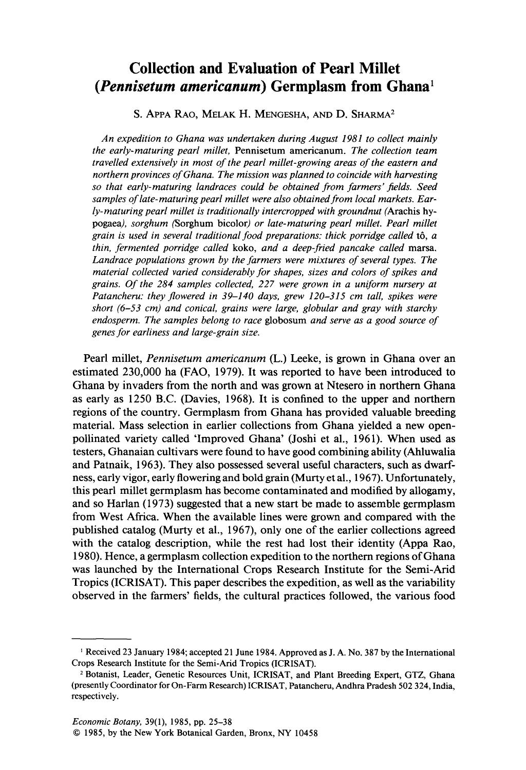Collection and evaluation of Pearl Millet ( <Emphasis Type="Italic">Pennisetum americanum <Emphasis>) Germplasm from Ghana by Unknown