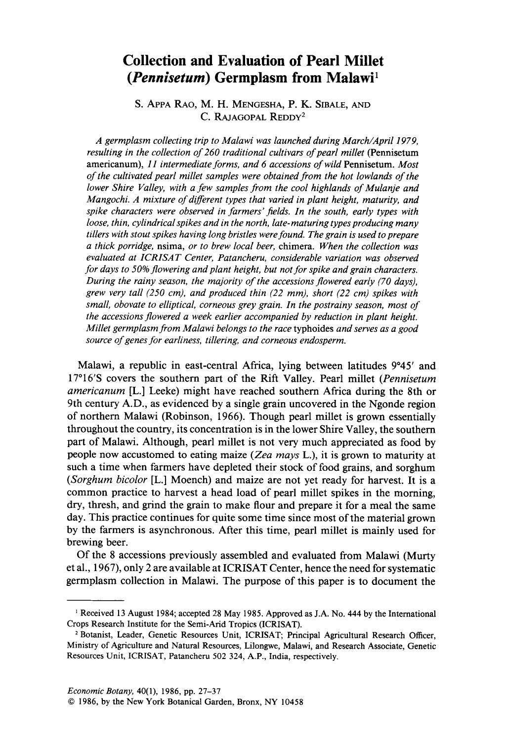 Collection and evaluation of pearl millet ( <Emphasis Type="Italic">Pennisetum <Emphasis>) germplasm from Malawi by Unknown