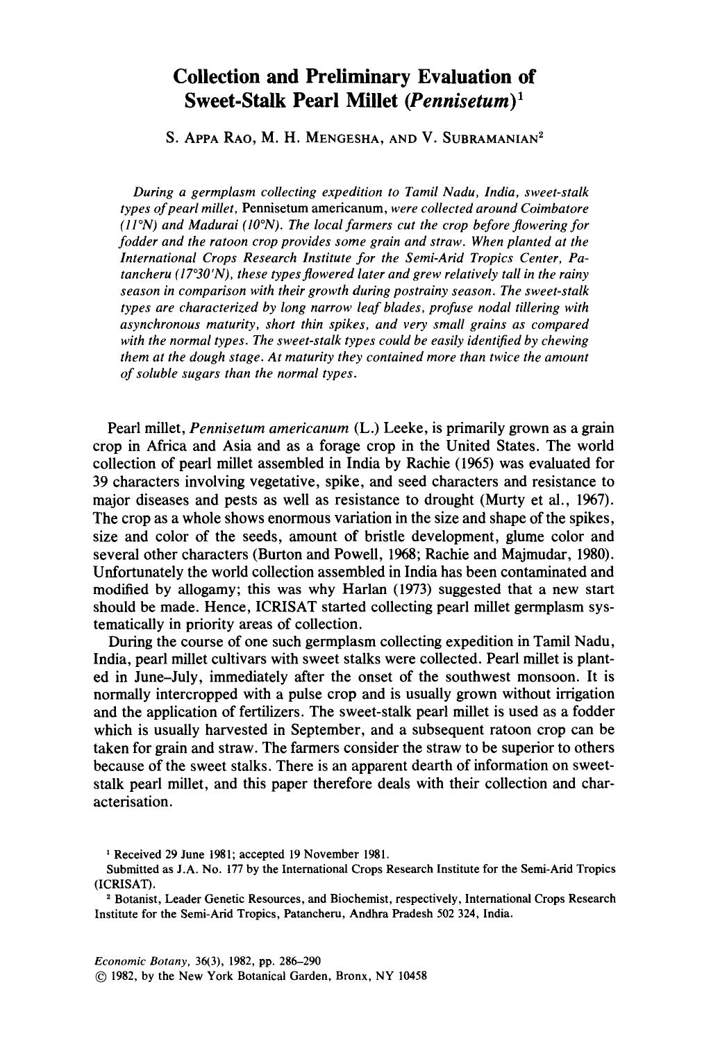 Collection and preliminary evaluation of sweet-stalk pearl millet ( <Emphasis Type="Italic">Pennisetum <Emphasis>) by Unknown