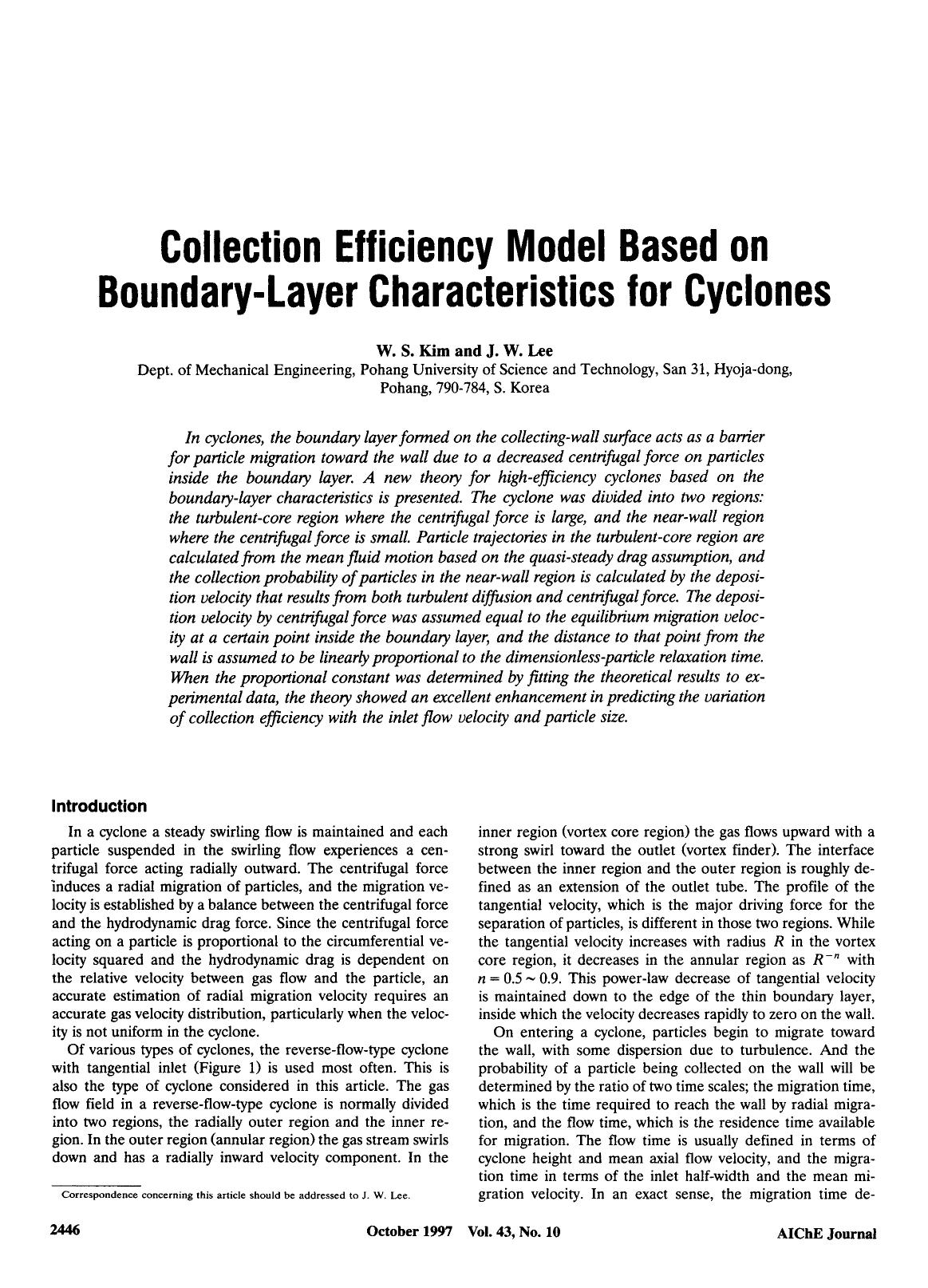 Collection efficiency model based on boundary-layer characteristics for cyclones by Unknown