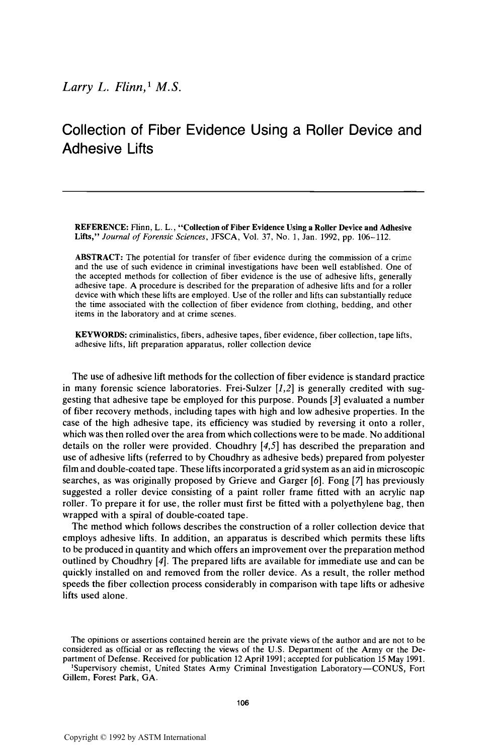 Collection of Fiber Evidence Using a Roller Device and Adhesive Lifts by Flinn LL
