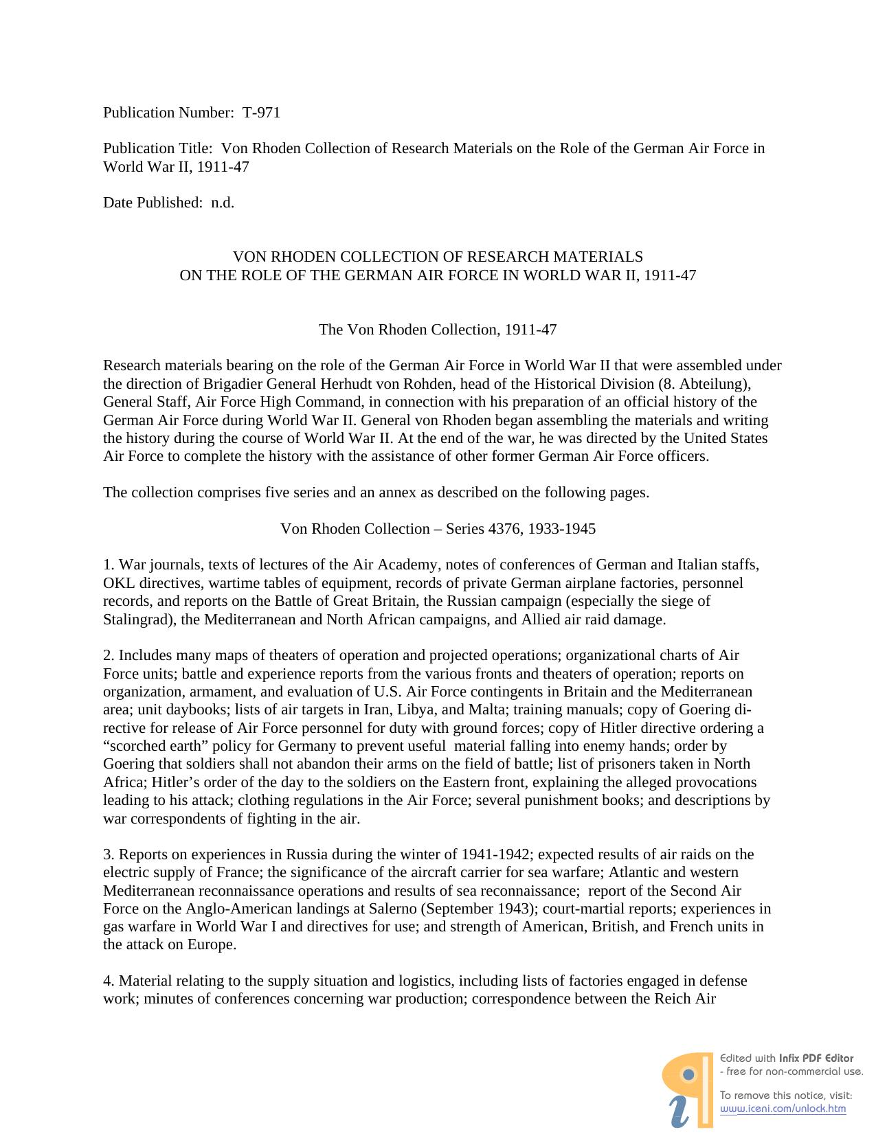 Collection of Research Materials on the Role of the German Air Force in World War II, 1911-47 by Von Rhoden