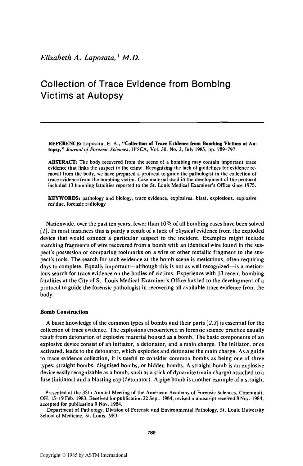 Collection of Trace Evidence from Bombing Victims at Autopsy by Laposata EA