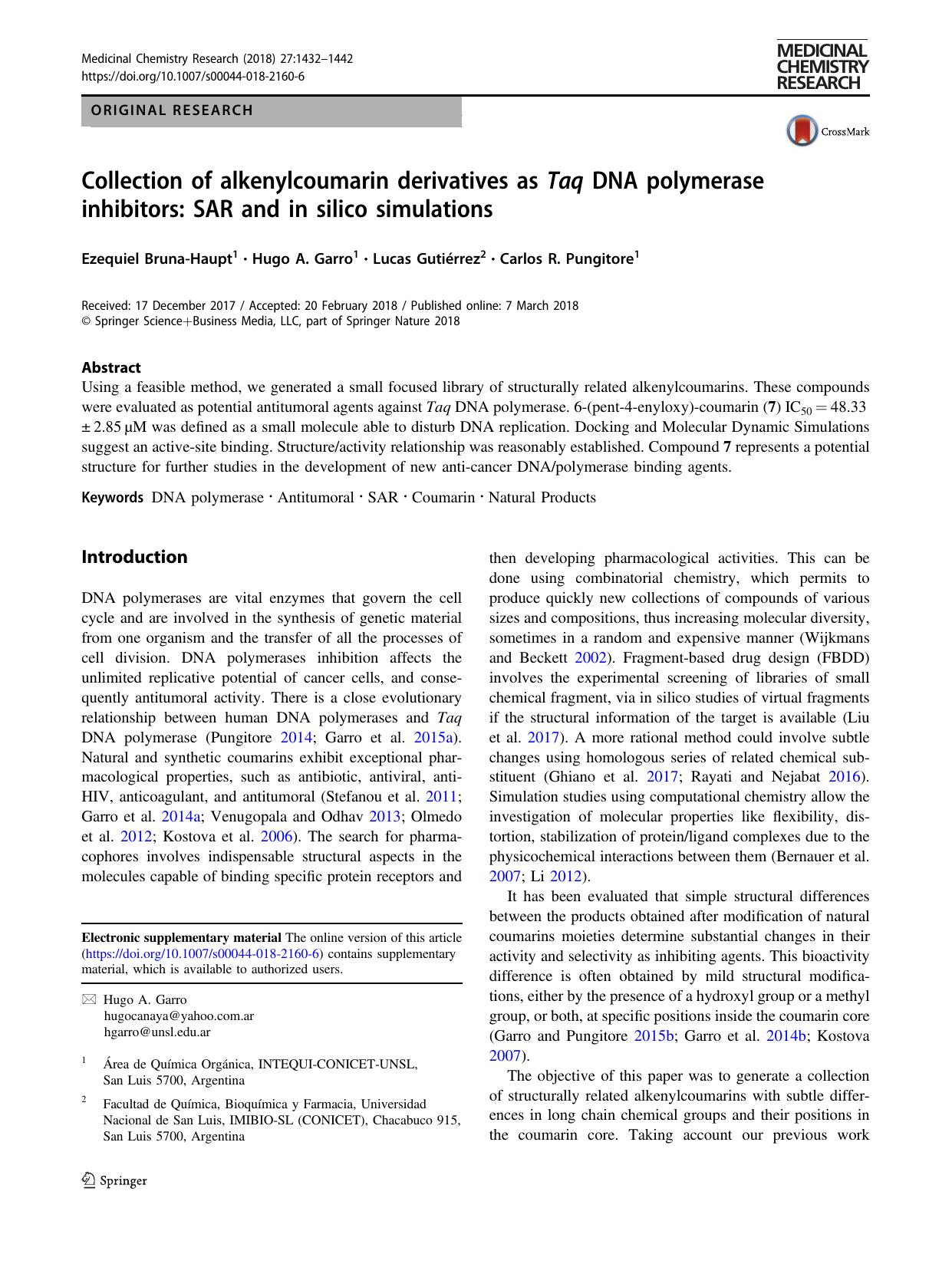 Collection of alkenylcoumarin derivatives as Taq DNA polymerase inhibitors: SAR and in silico simulations by Ezequiel Bruna-Haupt & Hugo A. Garro & Lucas Gutiérrez & Carlos R. Pungitore