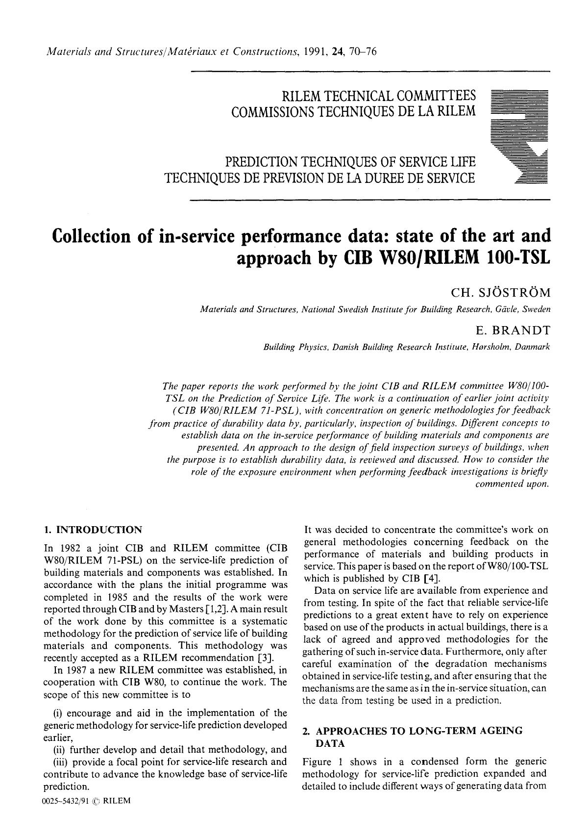 Collection of in-service performance data: state of the art and approach by CIB W80RILEM 100-TSL by Unknown