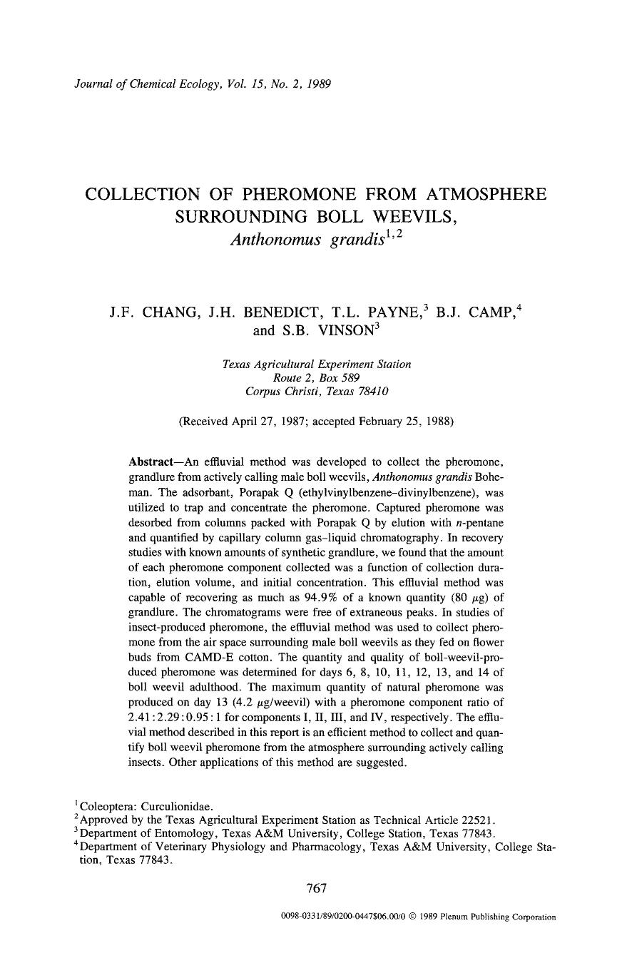 Collection of pheromone from atmosphere surrounding boll weevils, <Emphasis Type="Italic">Anthonomus grandis <Emphasis> by Unknown