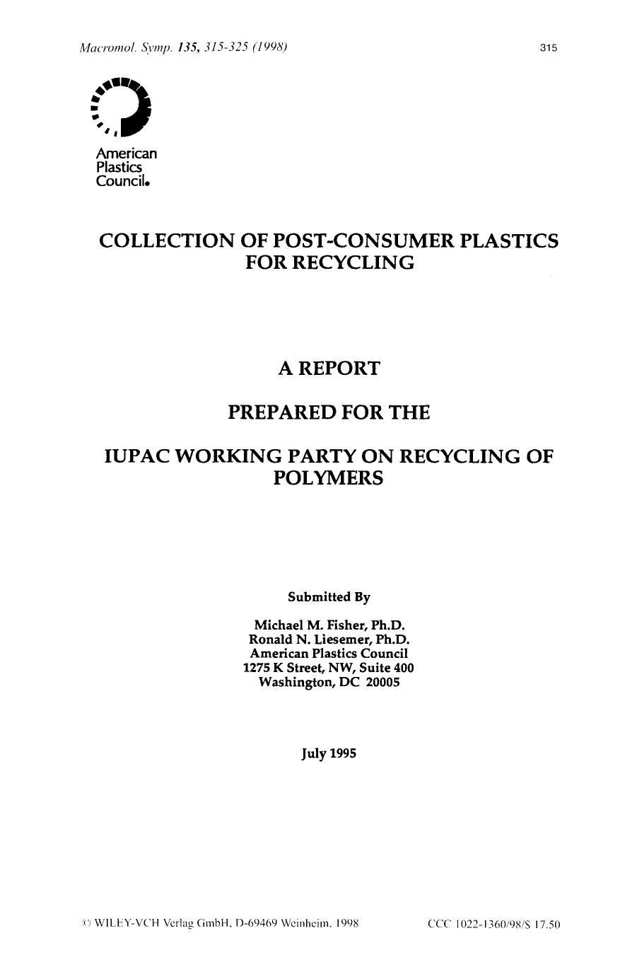 Collection of postconsumer plastics for recycling, rubber recycling a report prepared for the iupac working party on recycling of polymers by Unknown